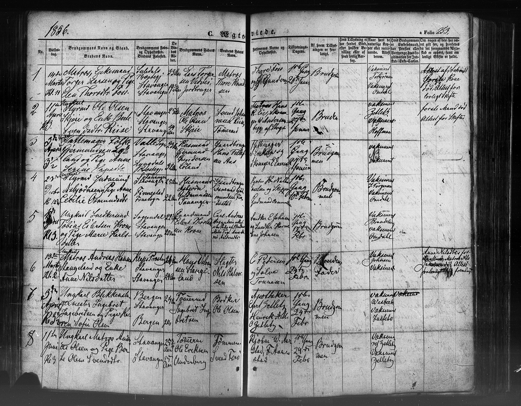 Domkirken sokneprestkontor, SAST/A-101812/001/30/30BB/L0009: Parish register (copy) no. B 9, 1850-1858, p. 253