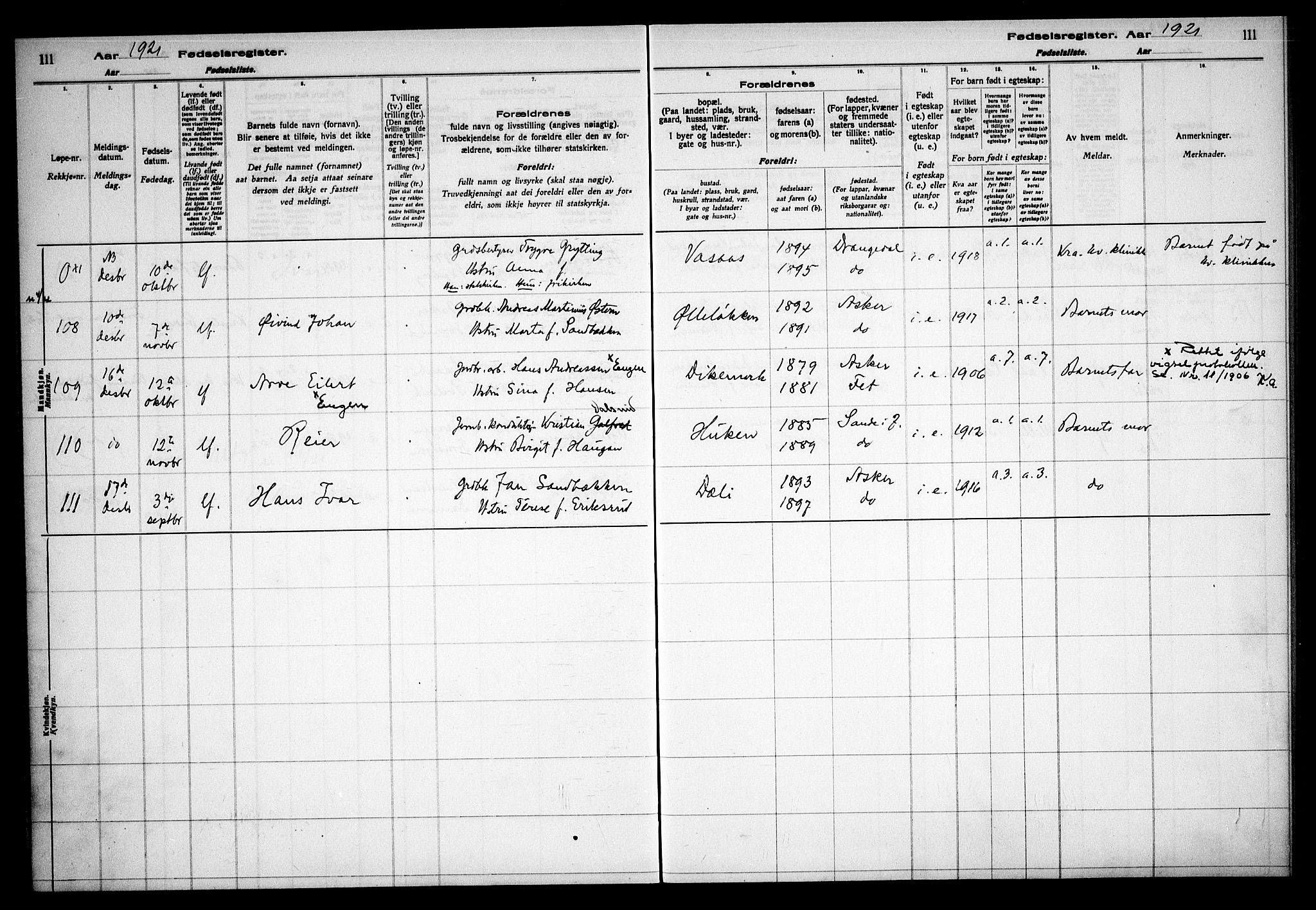 Asker prestekontor Kirkebøker, AV/SAO-A-10256a/J/L0001: Birth register no. 1, 1916-1925, p. 111