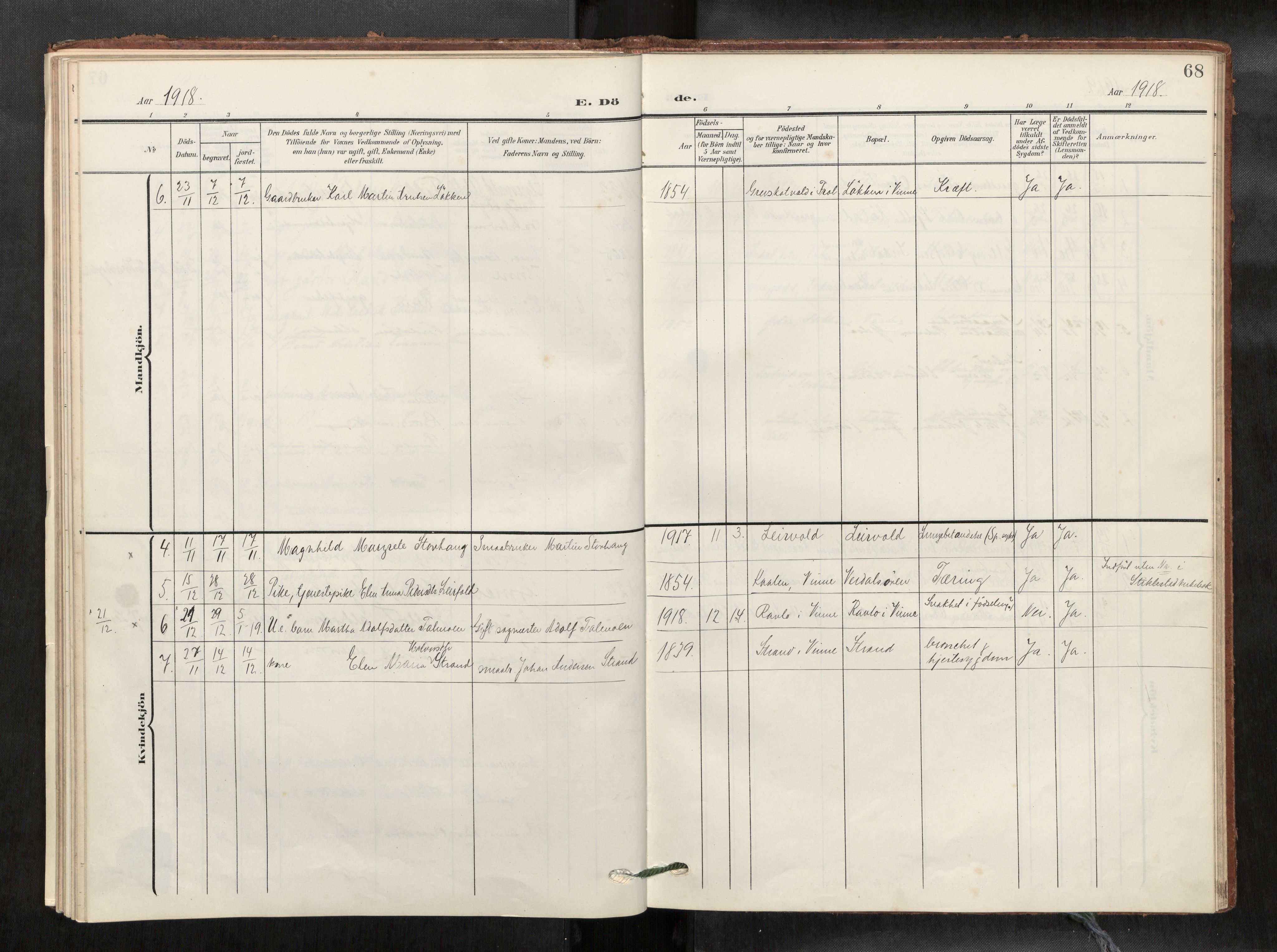 Verdal sokneprestkontor, SAT/A-1156/2/H/Haa/L0003: Parish register (official) no. 3, 1907-1921, p. 68