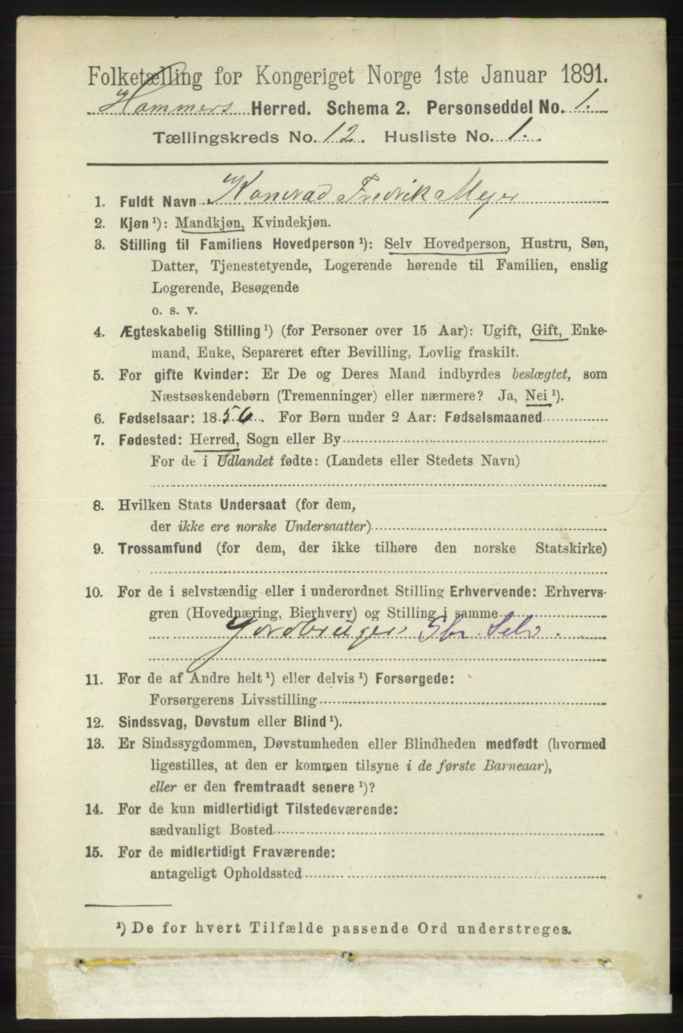 RA, 1891 census for 1254 Hamre, 1891, p. 3486