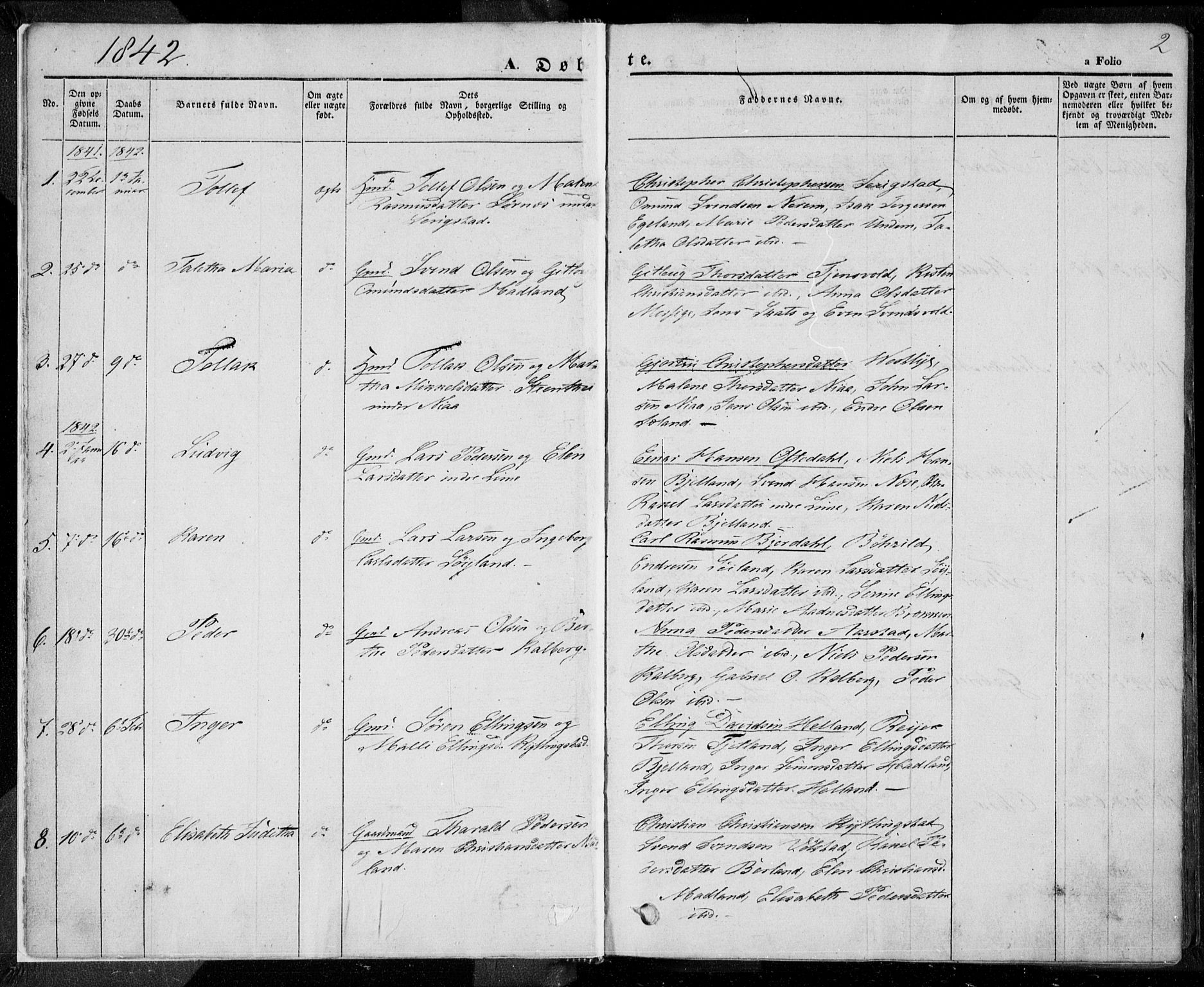Lye sokneprestkontor, AV/SAST-A-101794/001/30BA/L0005: Parish register (official) no. A 5.1, 1842-1855, p. 2