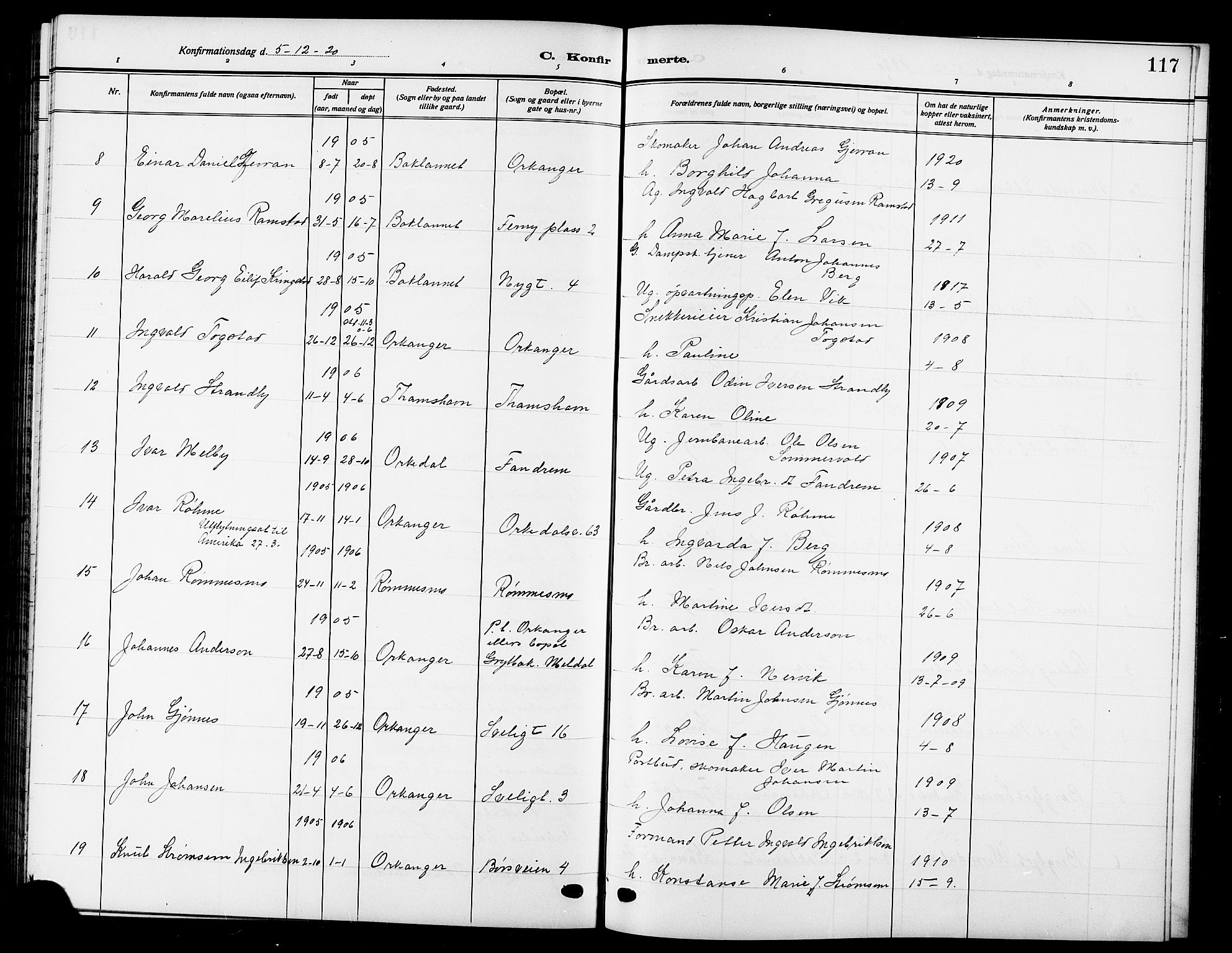 Ministerialprotokoller, klokkerbøker og fødselsregistre - Sør-Trøndelag, AV/SAT-A-1456/669/L0831: Parish register (copy) no. 669C01, 1909-1924, p. 117