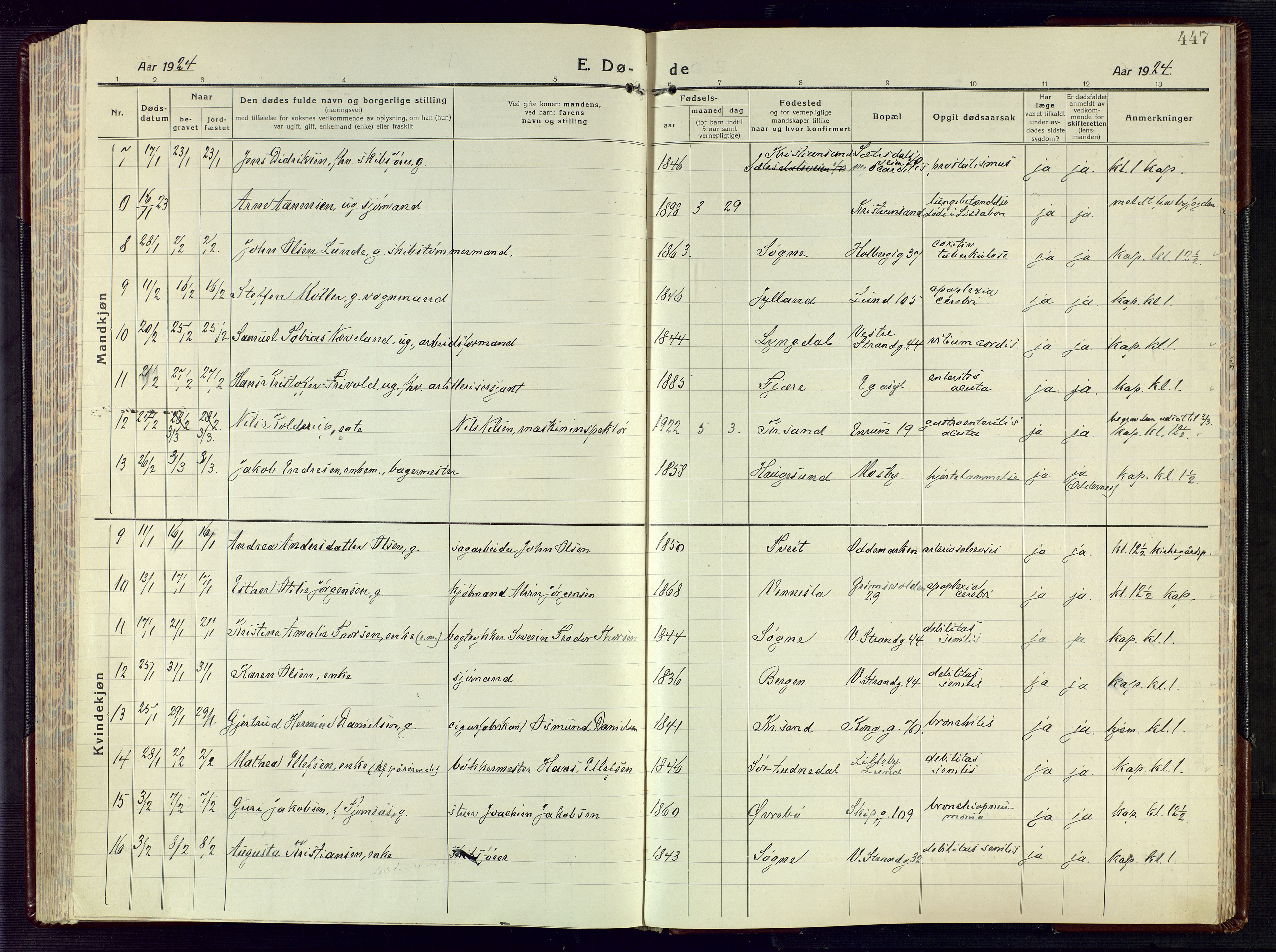 Kristiansand domprosti, AV/SAK-1112-0006/F/Fa/L0028: Parish register (official) no. A 27, 1917-1926, p. 447