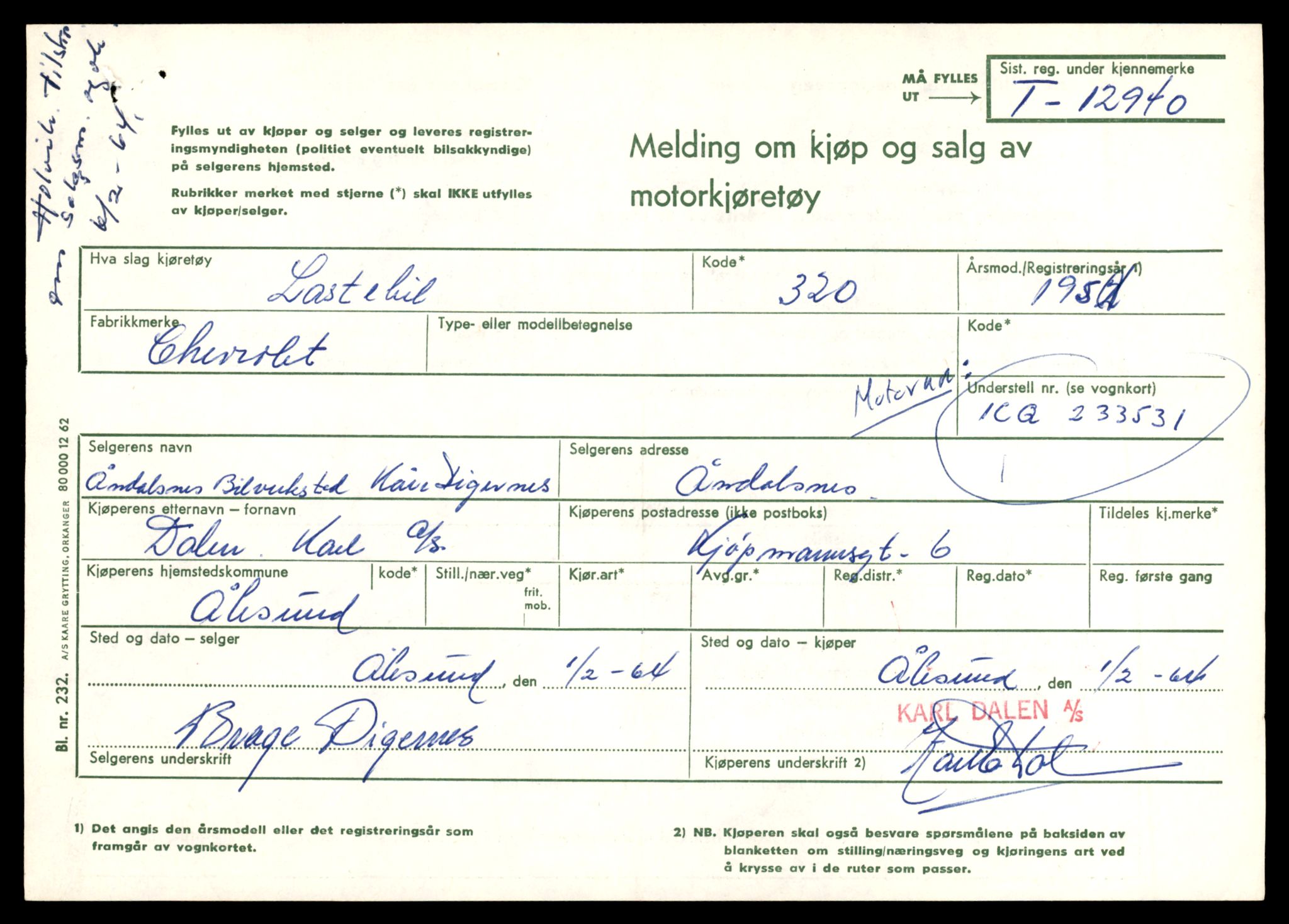 Møre og Romsdal vegkontor - Ålesund trafikkstasjon, AV/SAT-A-4099/F/Fe/L0036: Registreringskort for kjøretøy T 12831 - T 13030, 1927-1998, p. 1717