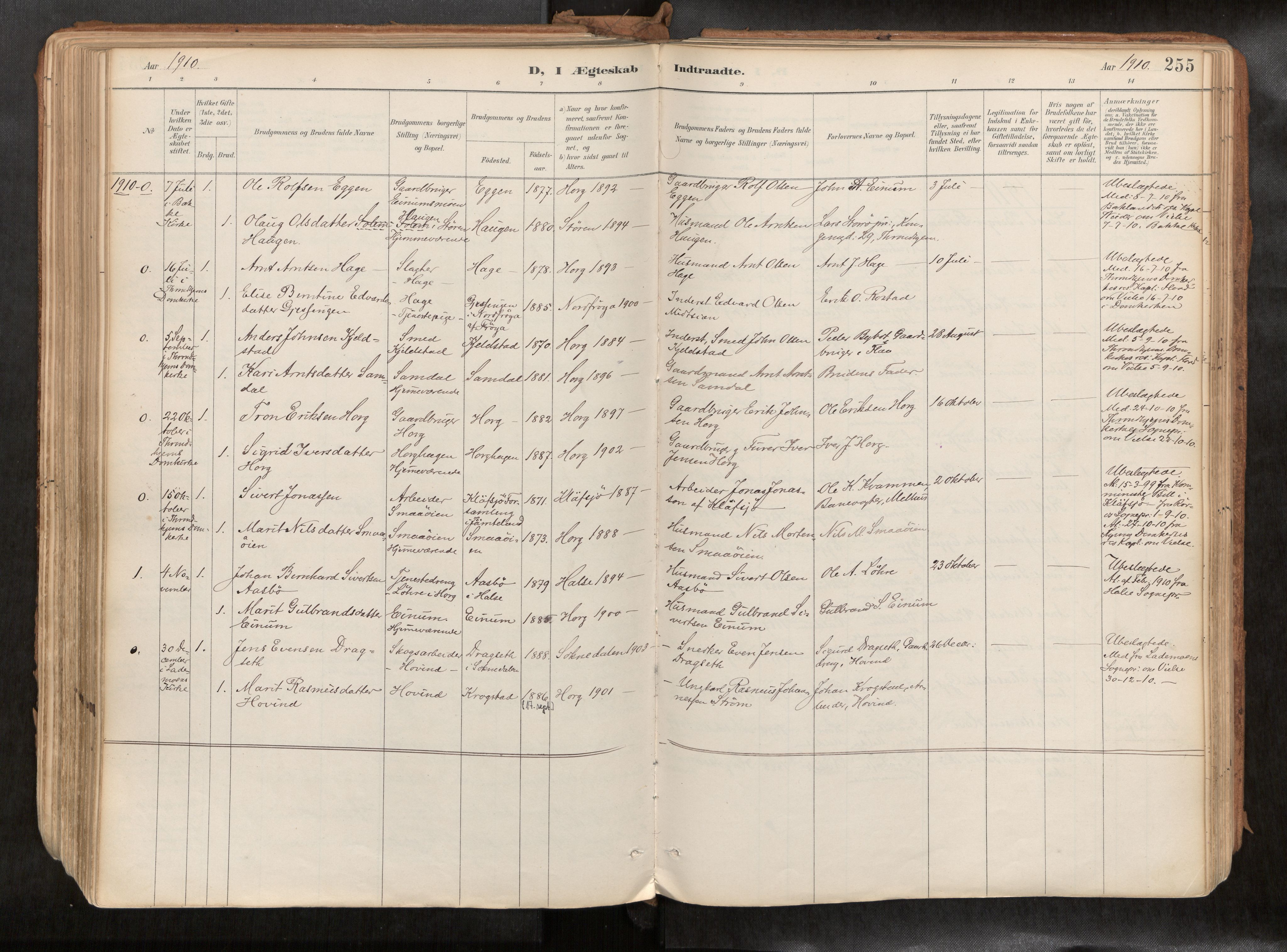 Ministerialprotokoller, klokkerbøker og fødselsregistre - Sør-Trøndelag, SAT/A-1456/692/L1105b: Parish register (official) no. 692A06, 1891-1934, p. 255