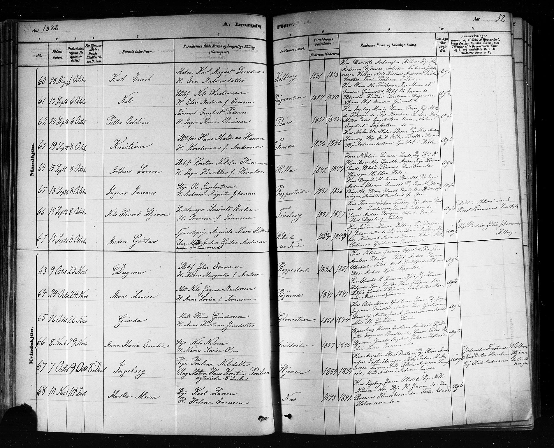 Nøtterøy kirkebøker, AV/SAKO-A-354/F/Fa/L0008: Parish register (official) no. I 8, 1878-1893, p. 52