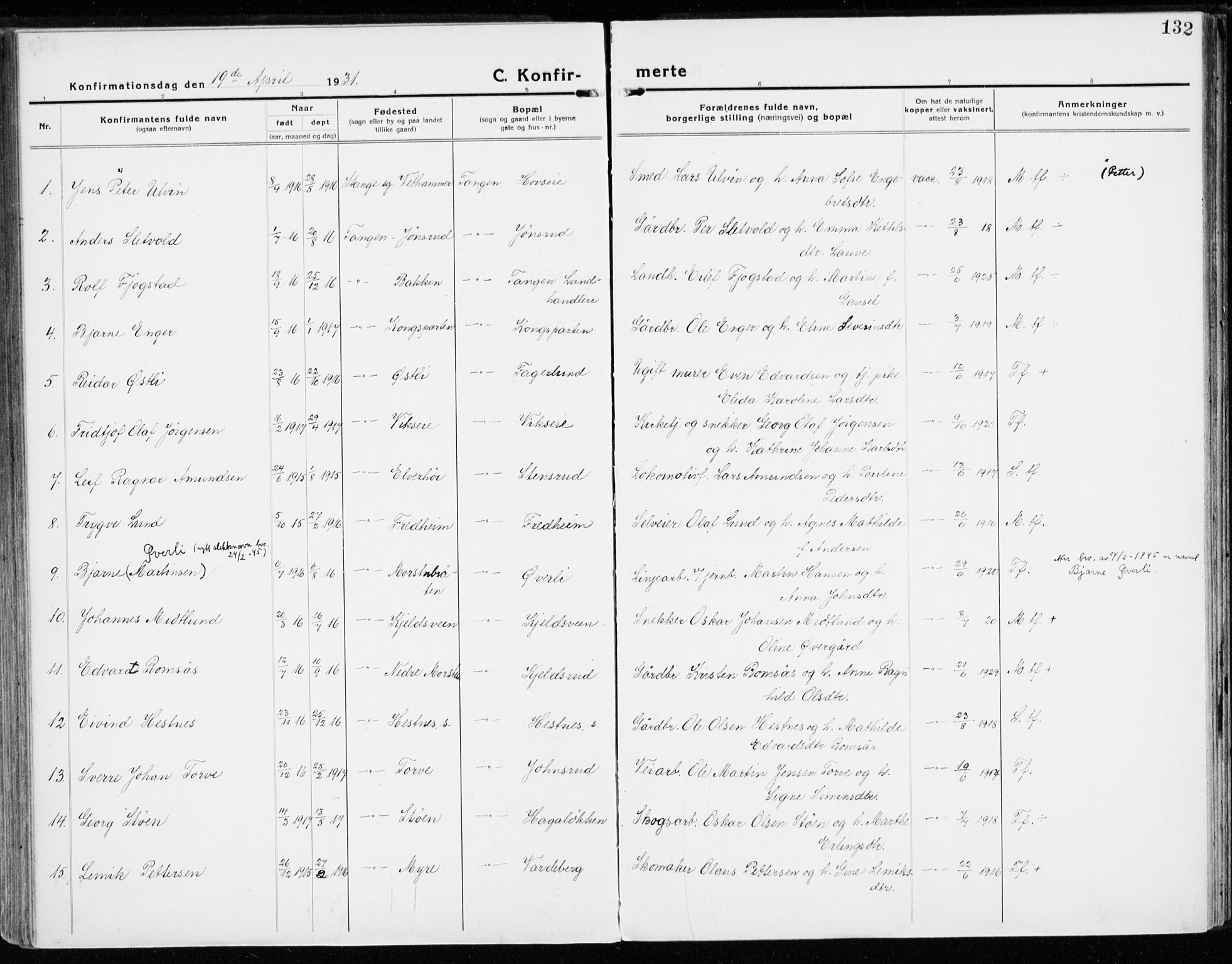 Stange prestekontor, AV/SAH-PREST-002/K/L0025: Parish register (official) no. 25, 1921-1945, p. 132