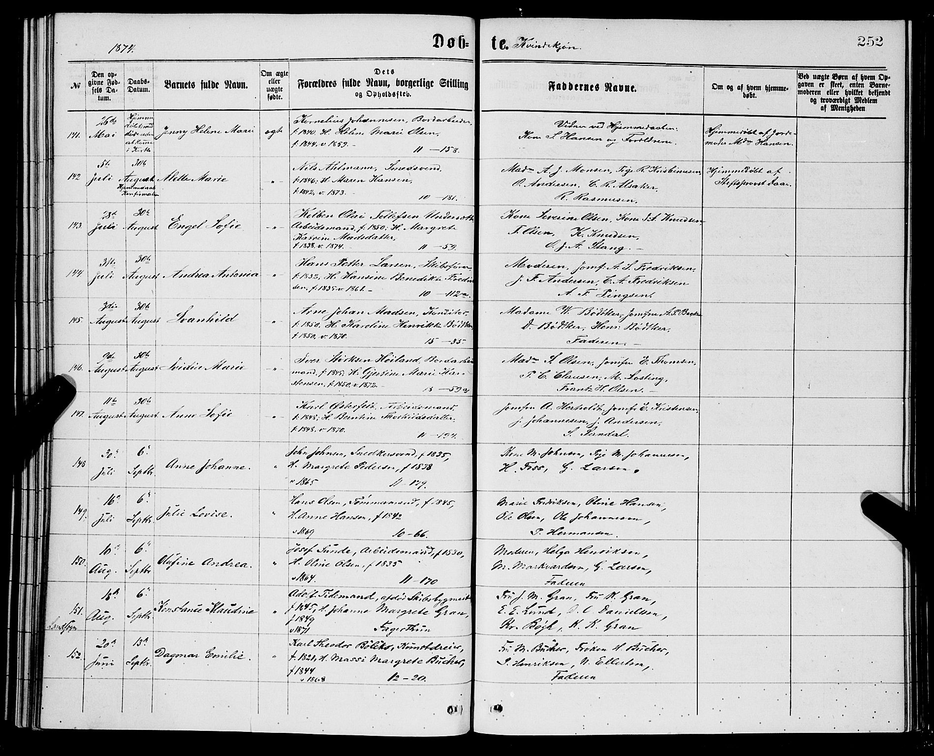 Domkirken sokneprestembete, SAB/A-74801/H/Hab/L0013: Parish register (copy) no. B 6, 1869-1876, p. 252