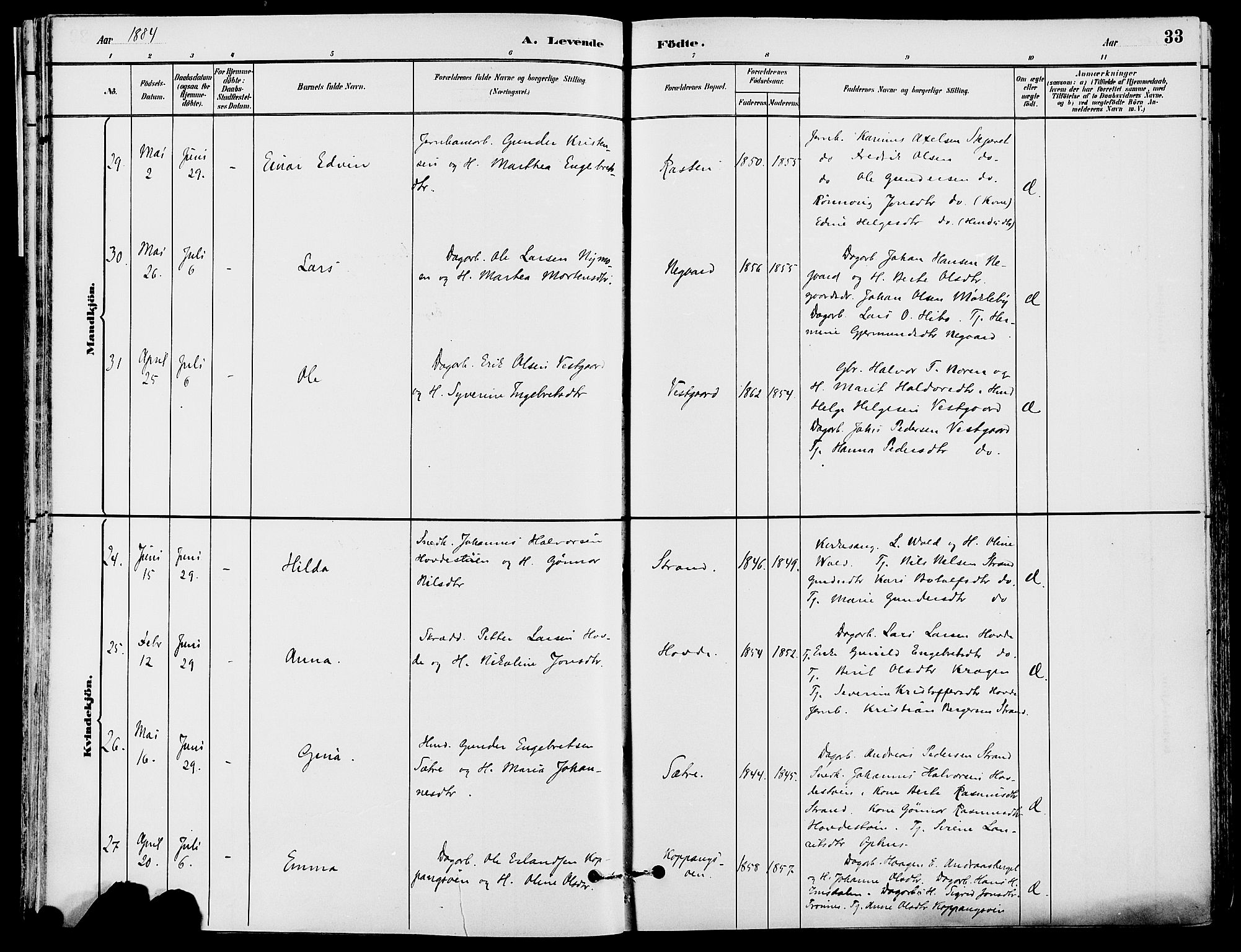 Stor-Elvdal prestekontor, AV/SAH-PREST-052/H/Ha/Haa/L0002: Parish register (official) no. 2, 1882-1907, p. 33