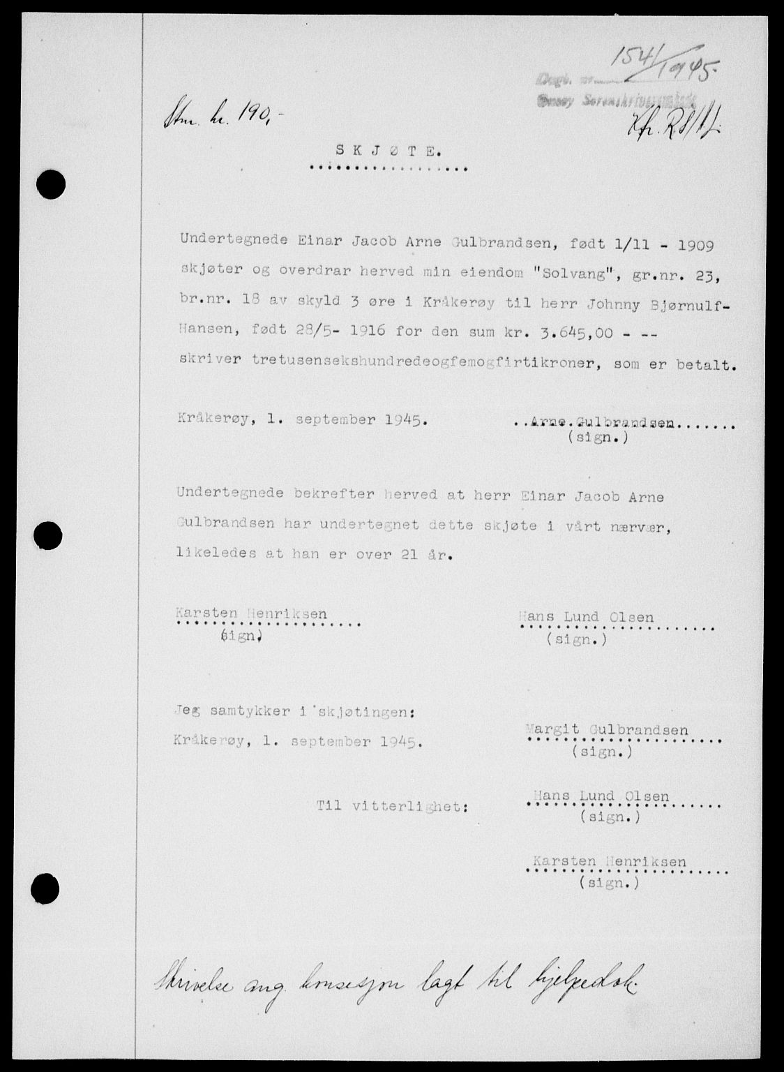 Onsøy sorenskriveri, SAO/A-10474/G/Ga/Gab/L0015: Mortgage book no. II A-15, 1945-1946, Diary no: : 1541/1945