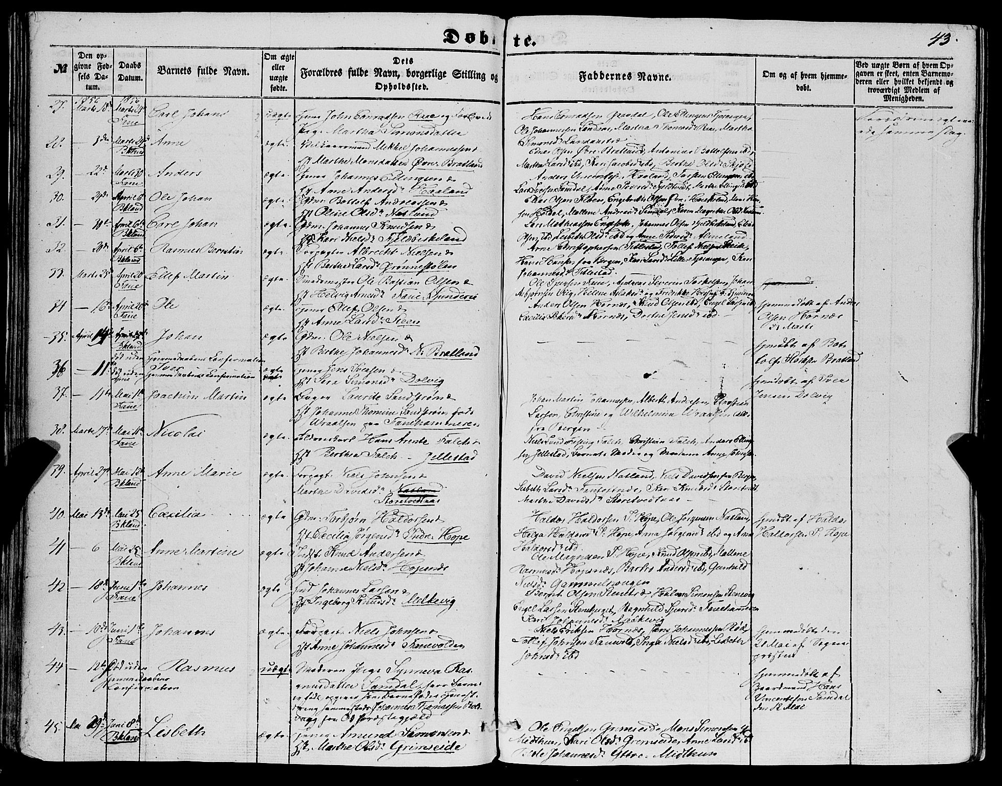 Fana Sokneprestembete, AV/SAB-A-75101/H/Haa/Haaa/L0011: Parish register (official) no. A 11, 1851-1862, p. 43