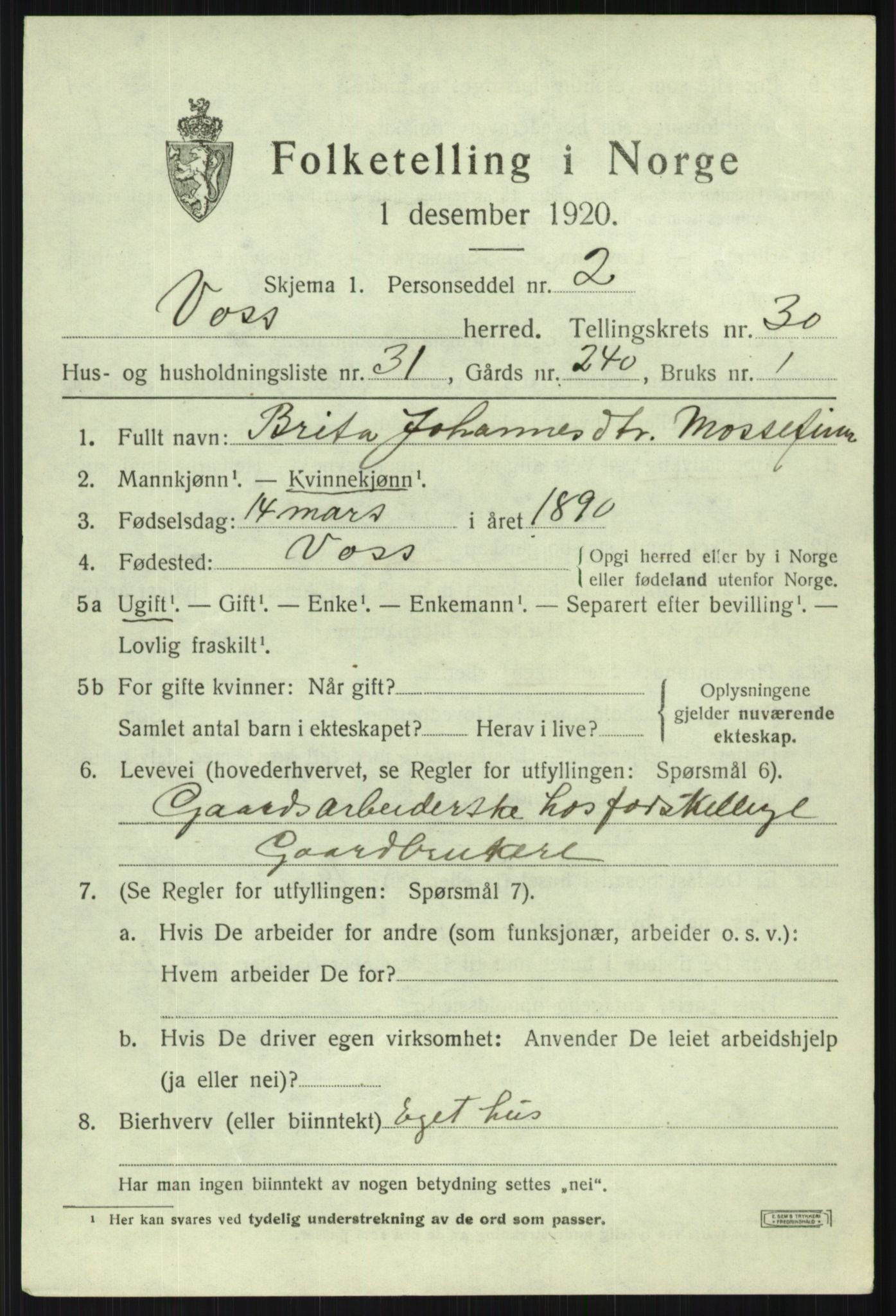 SAB, 1920 census for Voss, 1920, p. 19917