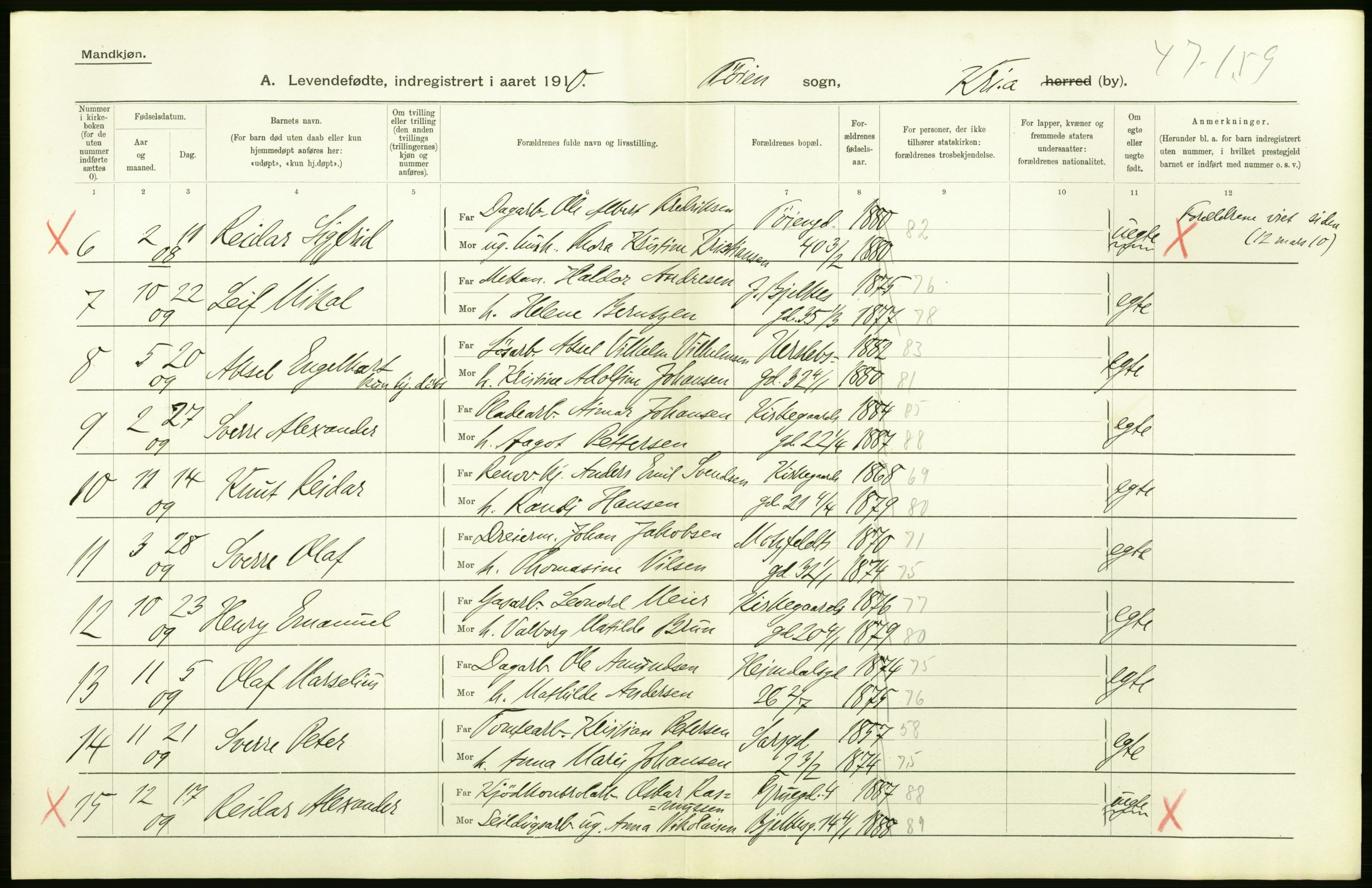 Statistisk sentralbyrå, Sosiodemografiske emner, Befolkning, RA/S-2228/D/Df/Dfa/Dfah/L0006: Kristiania: Levendefødte menn., 1910, p. 24