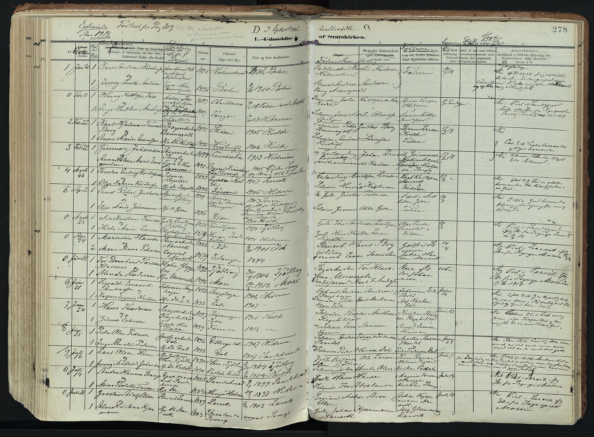 Hedrum kirkebøker, SAKO/A-344/F/Fa/L0010: Parish register (official) no. I 10, 1904-1918, p. 278