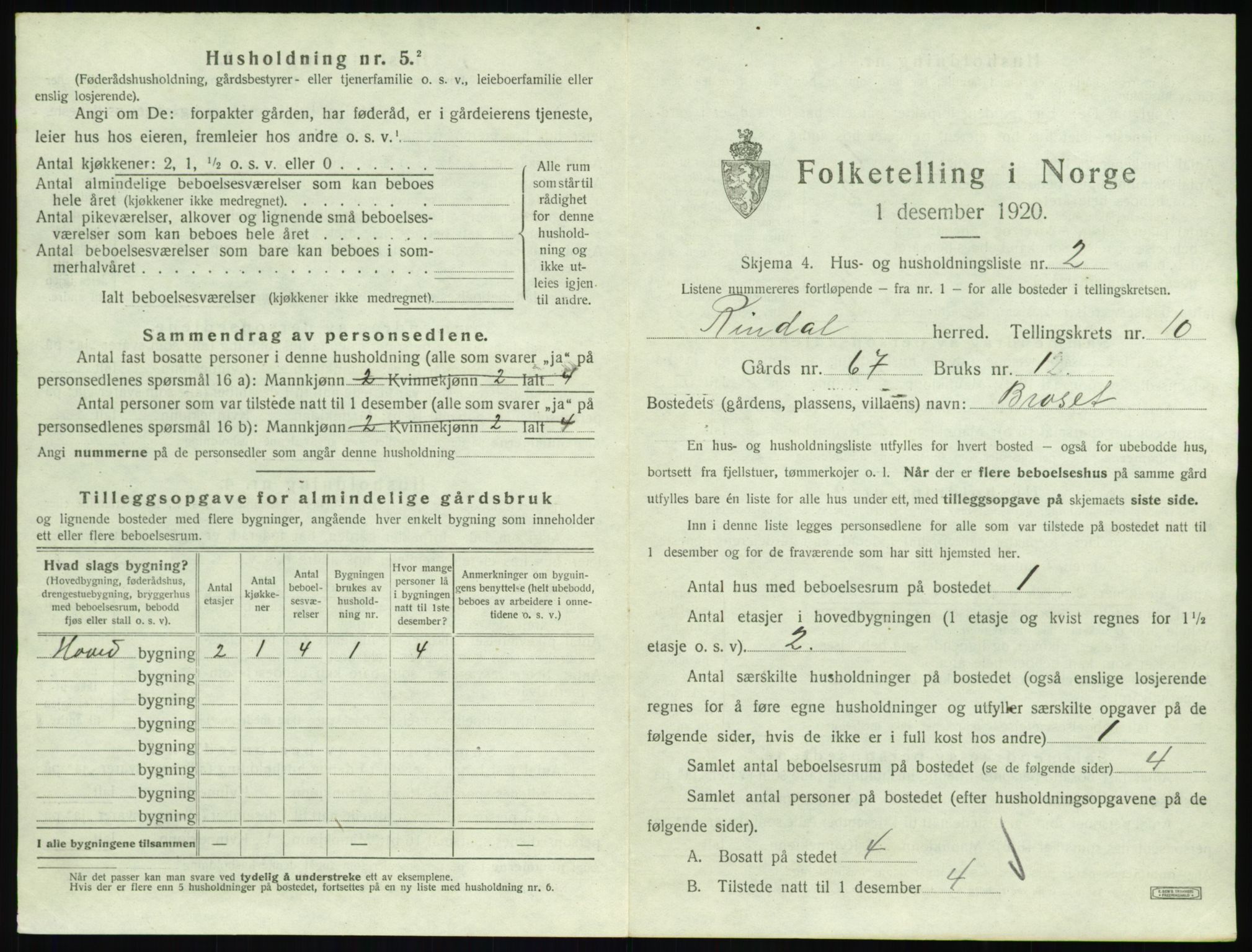SAT, 1920 census for Rindal, 1920, p. 738