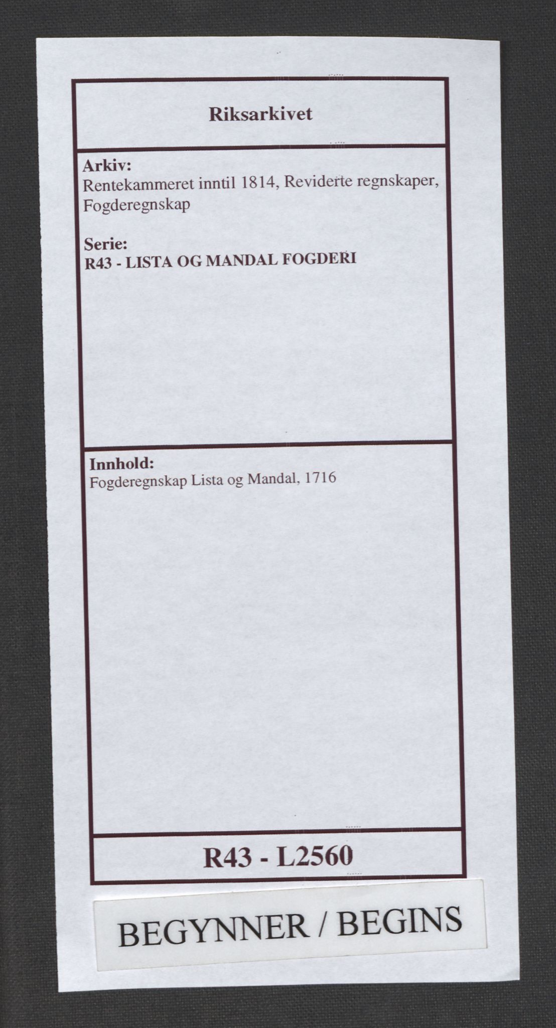 Rentekammeret inntil 1814, Reviderte regnskaper, Fogderegnskap, RA/EA-4092/R43/L2560: Fogderegnskap Lista og Mandal, 1716, p. 1