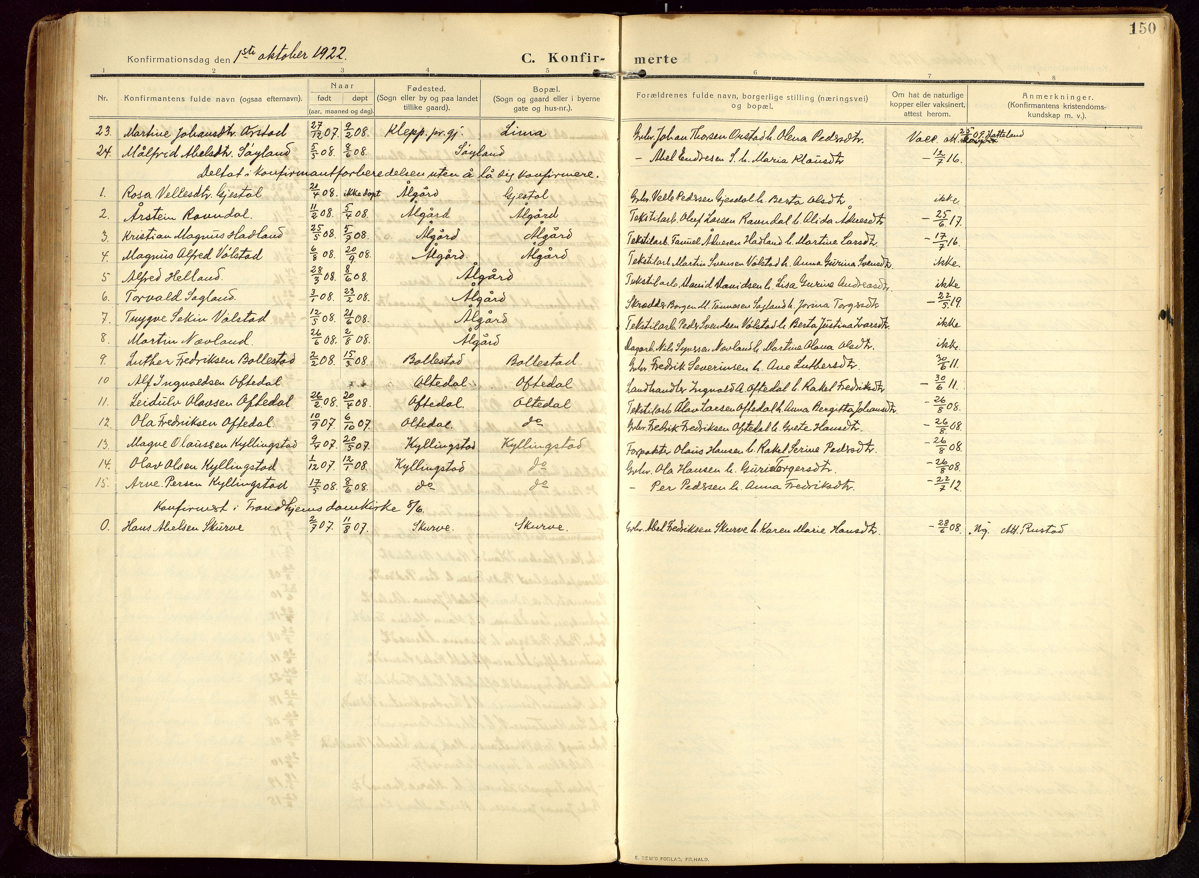 Lye sokneprestkontor, AV/SAST-A-101794/002/B/L0001: Parish register (official) no. A 13, 1910-1925, p. 150