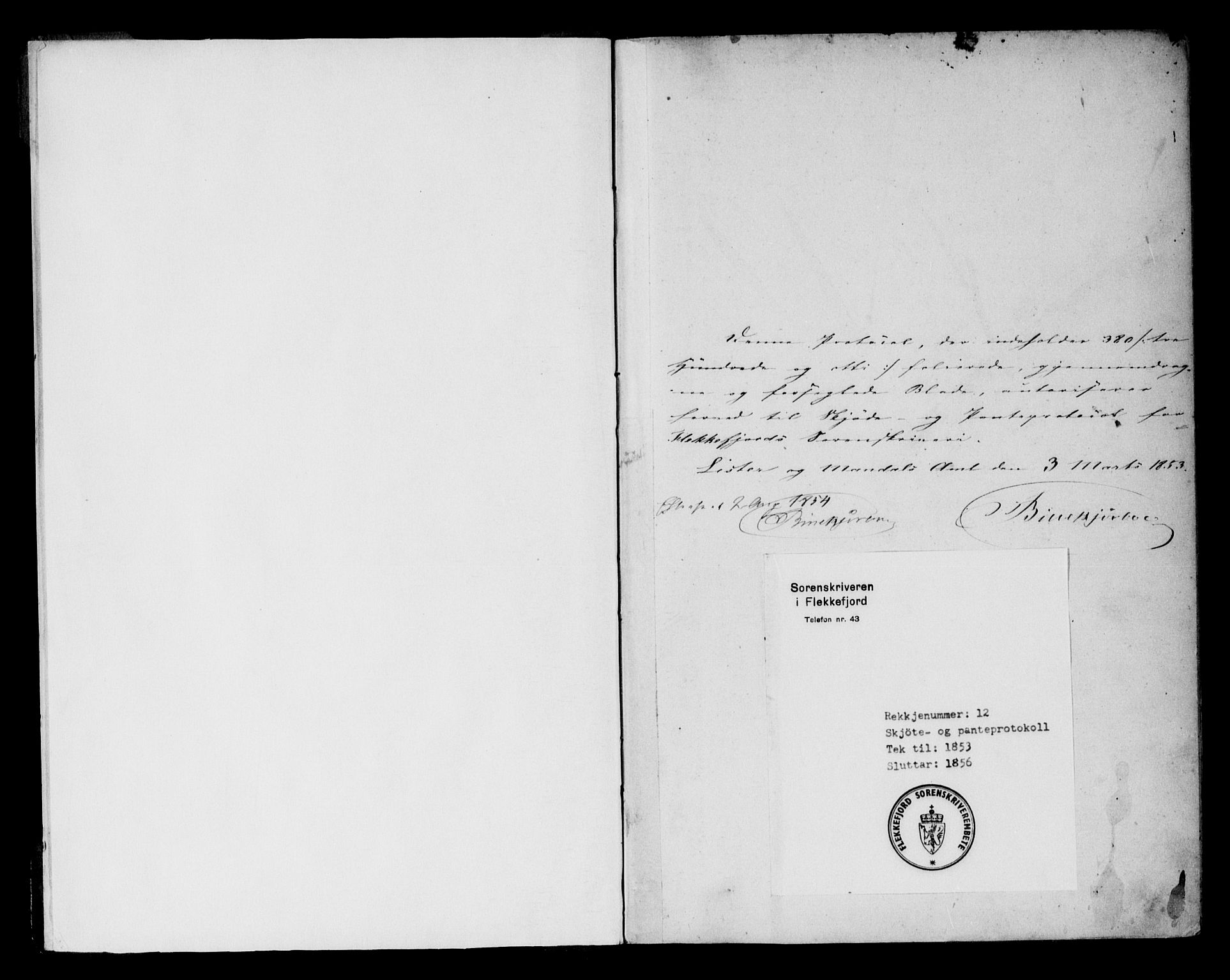 Flekkefjord sorenskriveri, SAK/1221-0001/G/Gb/Gba/L0012: Mortgage book no. 12, 1853-1856, p. 1
