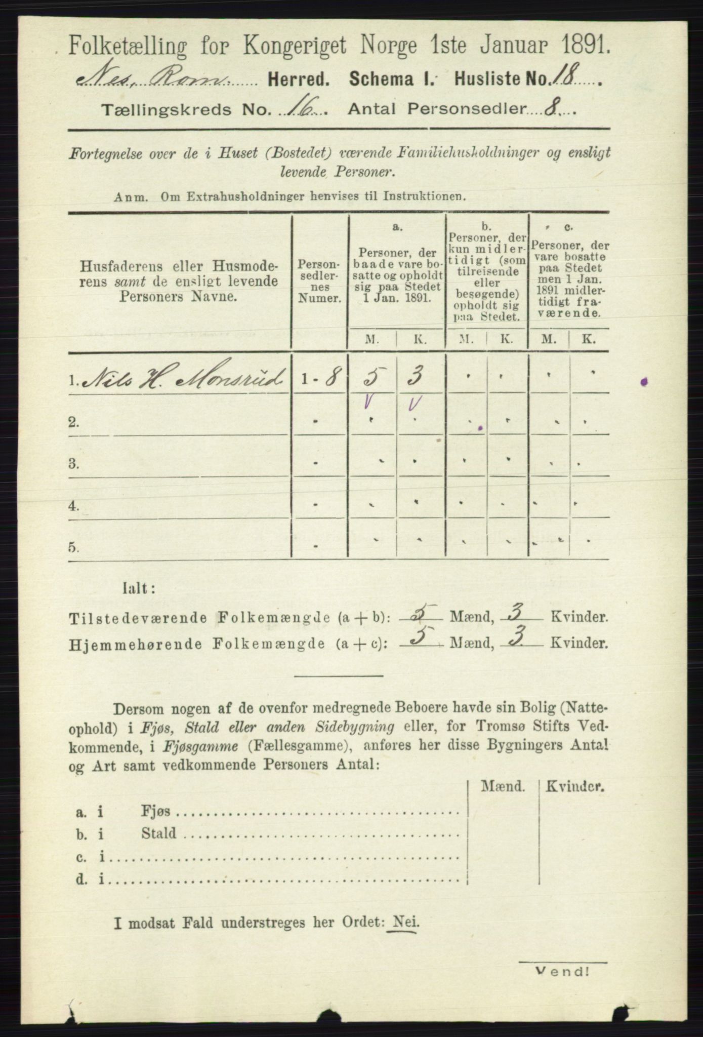 RA, 1891 census for 0236 Nes, 1891, p. 9516