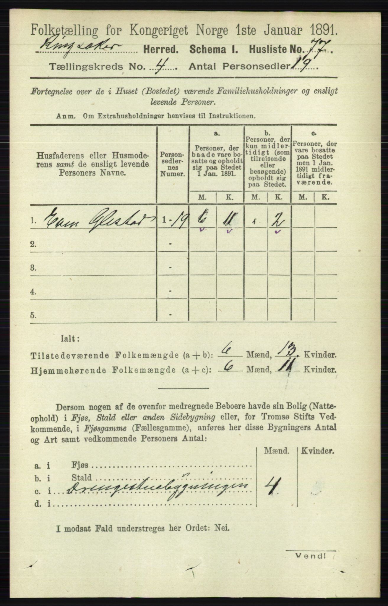 RA, 1891 census for 0412 Ringsaker, 1891, p. 1758