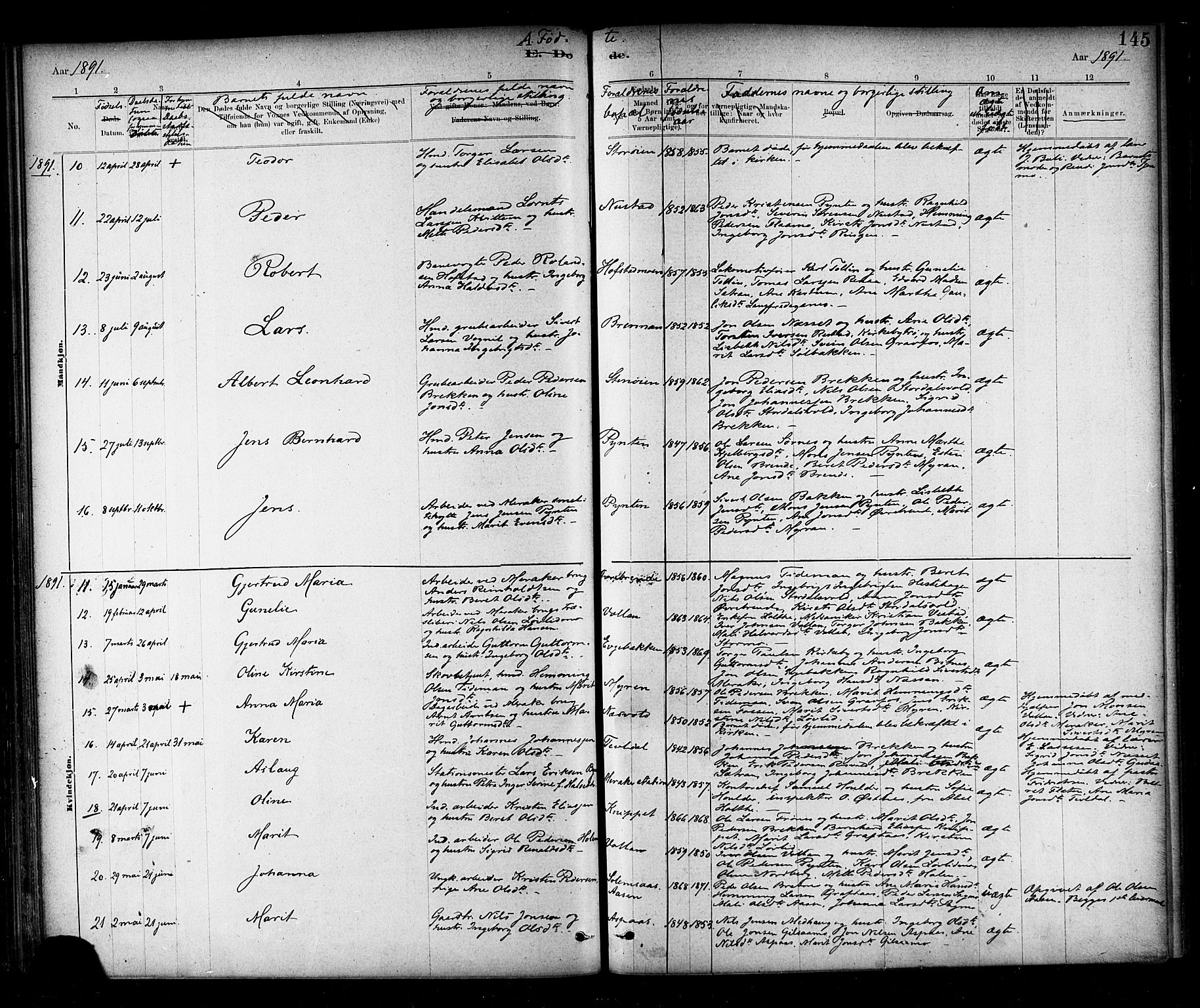 Ministerialprotokoller, klokkerbøker og fødselsregistre - Nord-Trøndelag, AV/SAT-A-1458/706/L0047: Parish register (official) no. 706A03, 1878-1892, p. 145