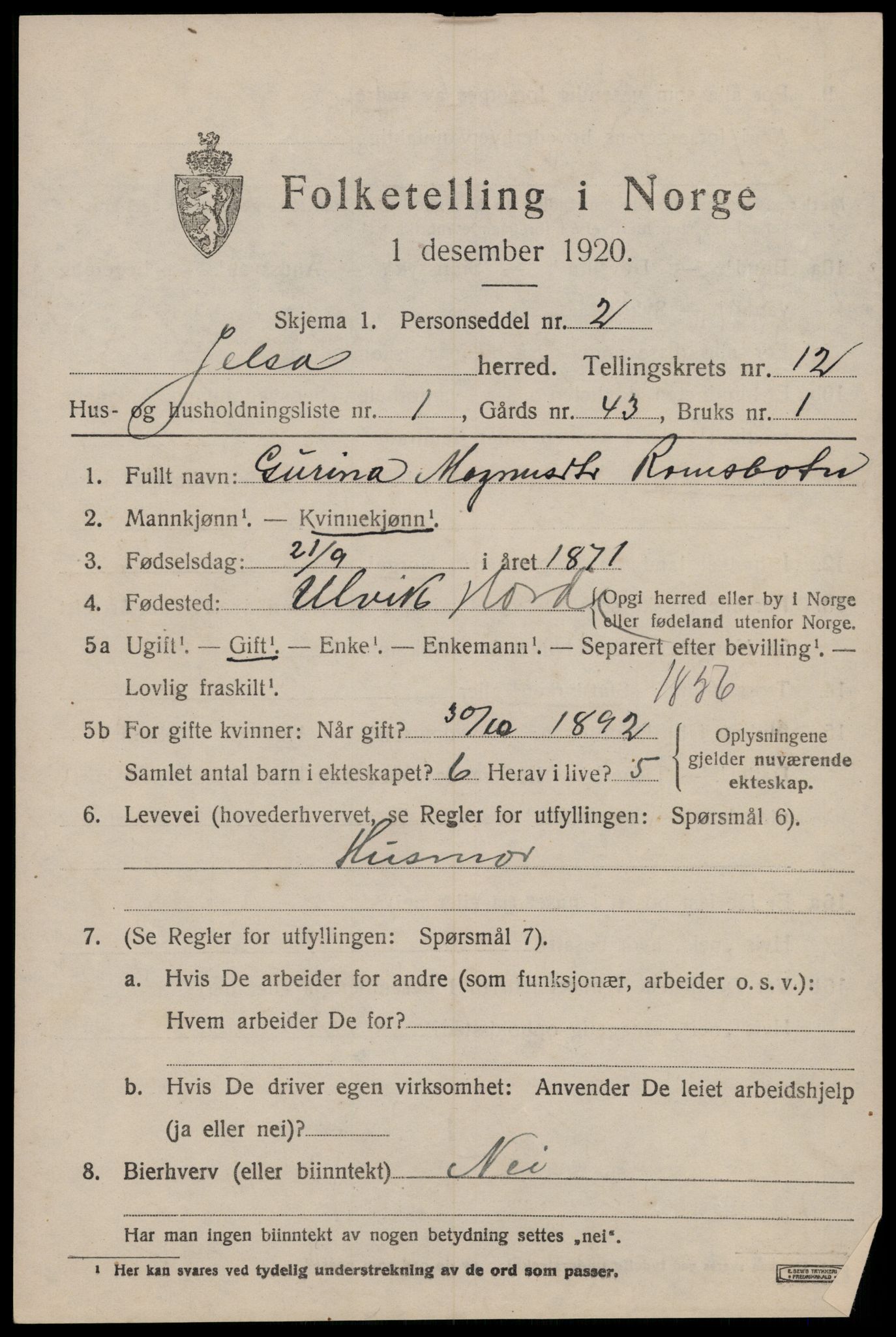 SAST, 1920 census for Jelsa, 1920, p. 3310