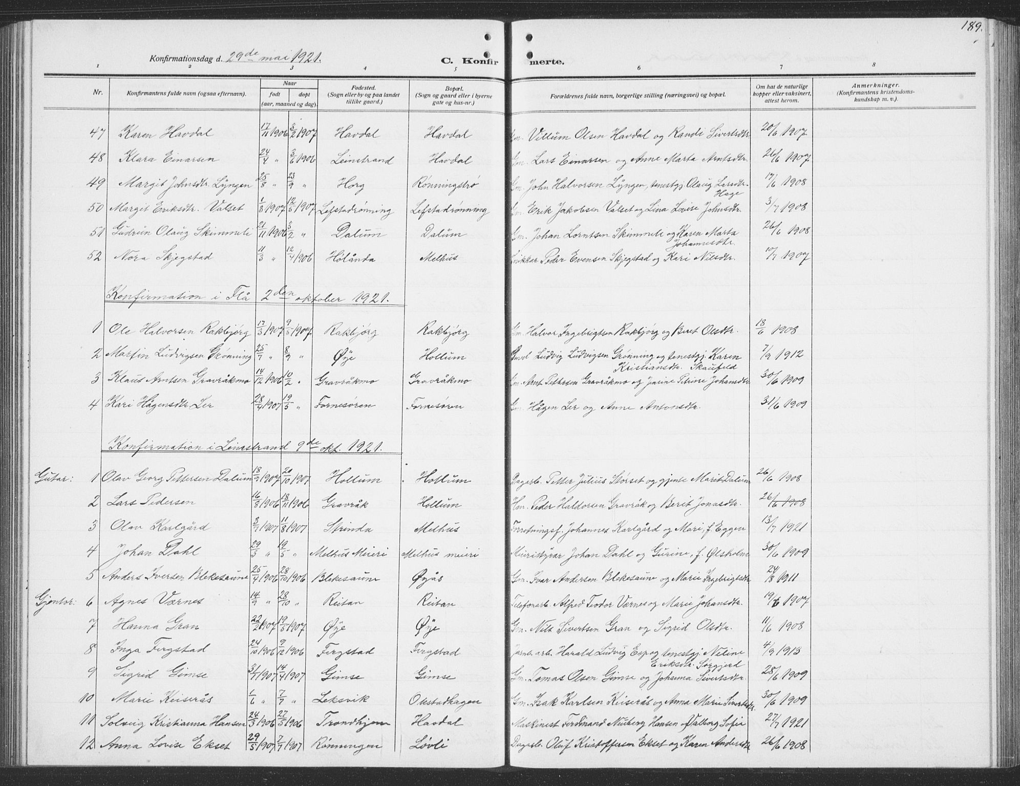 Ministerialprotokoller, klokkerbøker og fødselsregistre - Sør-Trøndelag, AV/SAT-A-1456/691/L1095: Parish register (copy) no. 691C06, 1912-1933, p. 189