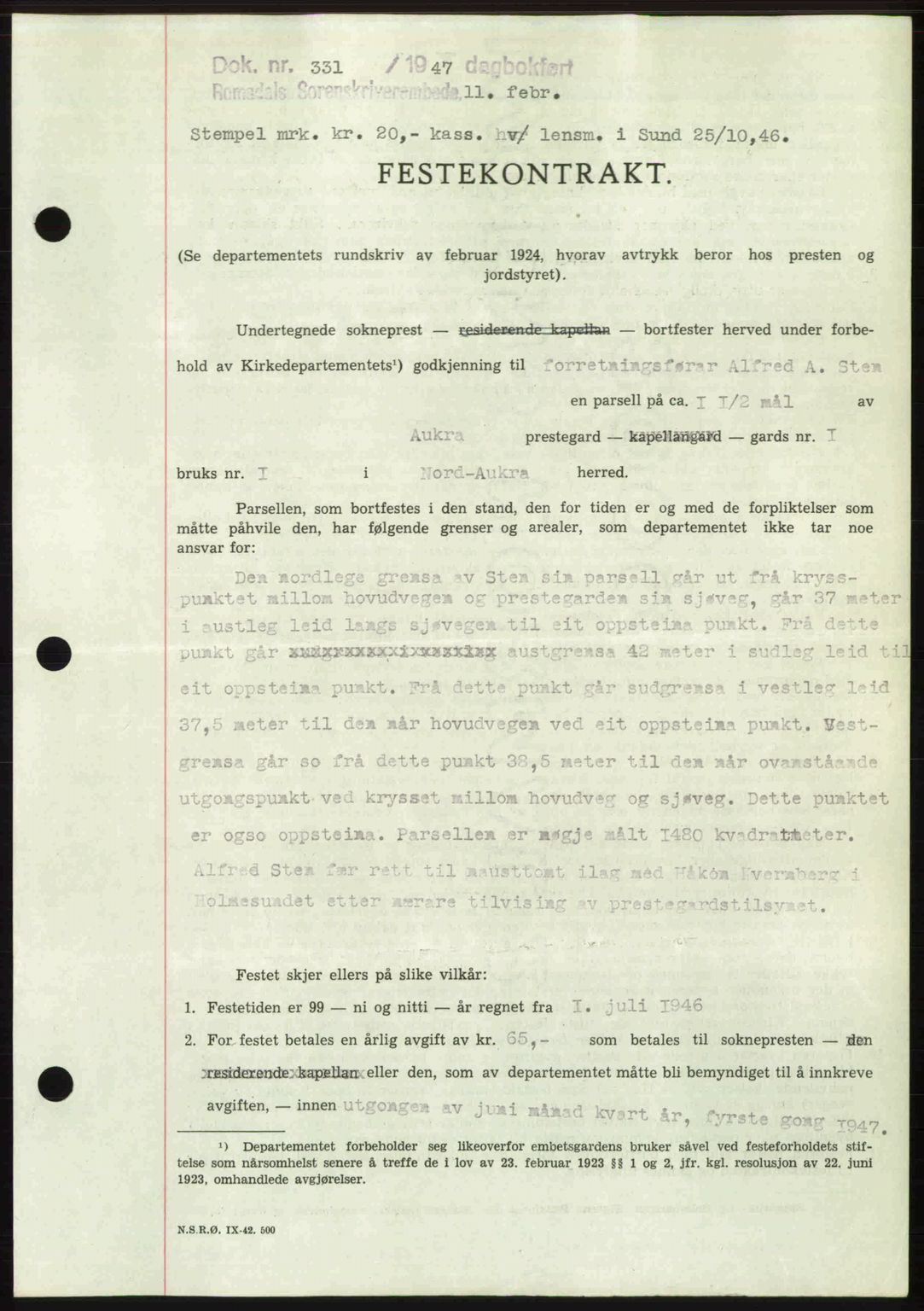 Romsdal sorenskriveri, AV/SAT-A-4149/1/2/2C: Mortgage book no. A22, 1947-1947, Diary no: : 331/1947