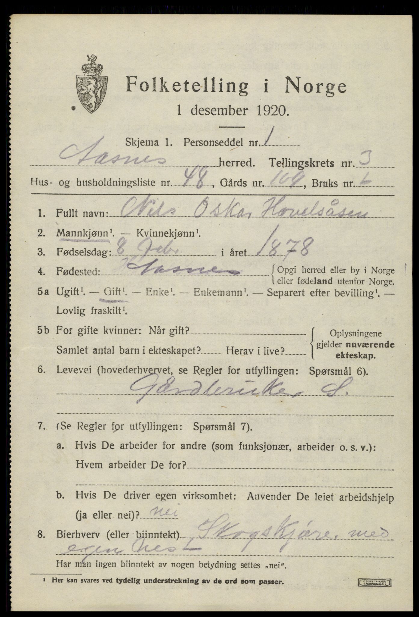 SAH, 1920 census for Åsnes, 1920, p. 4354