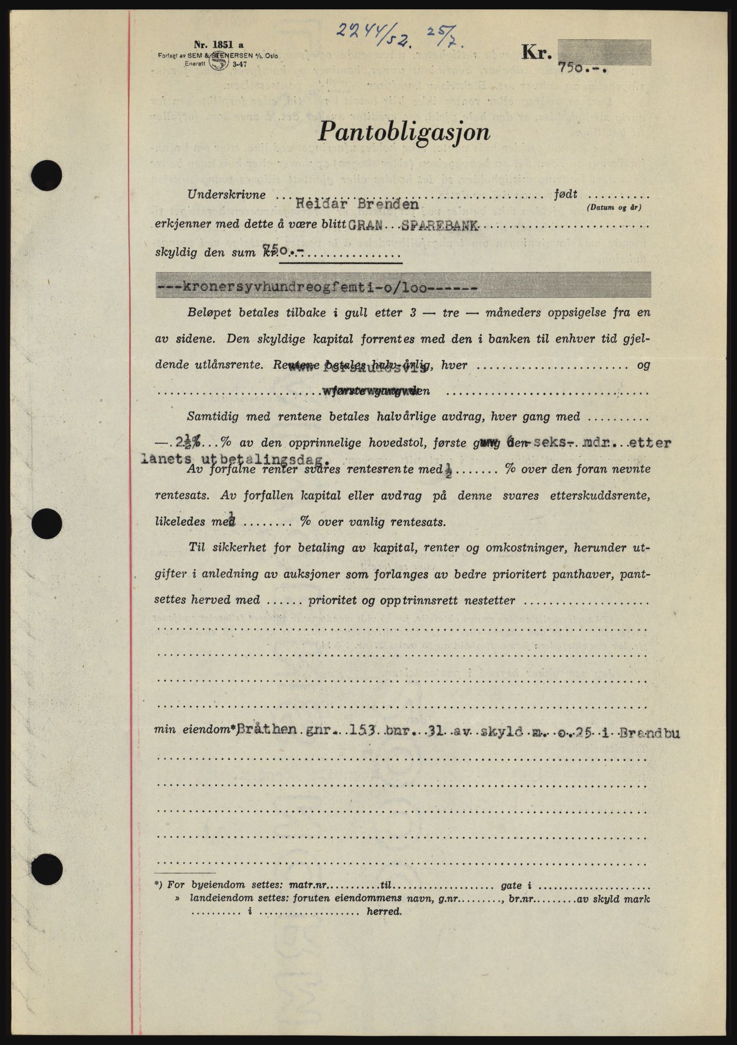 Hadeland og Land tingrett, SAH/TING-010/H/Hb/Hbc/L0024: Mortgage book no. B24, 1952-1952, Diary no: : 2244/1952