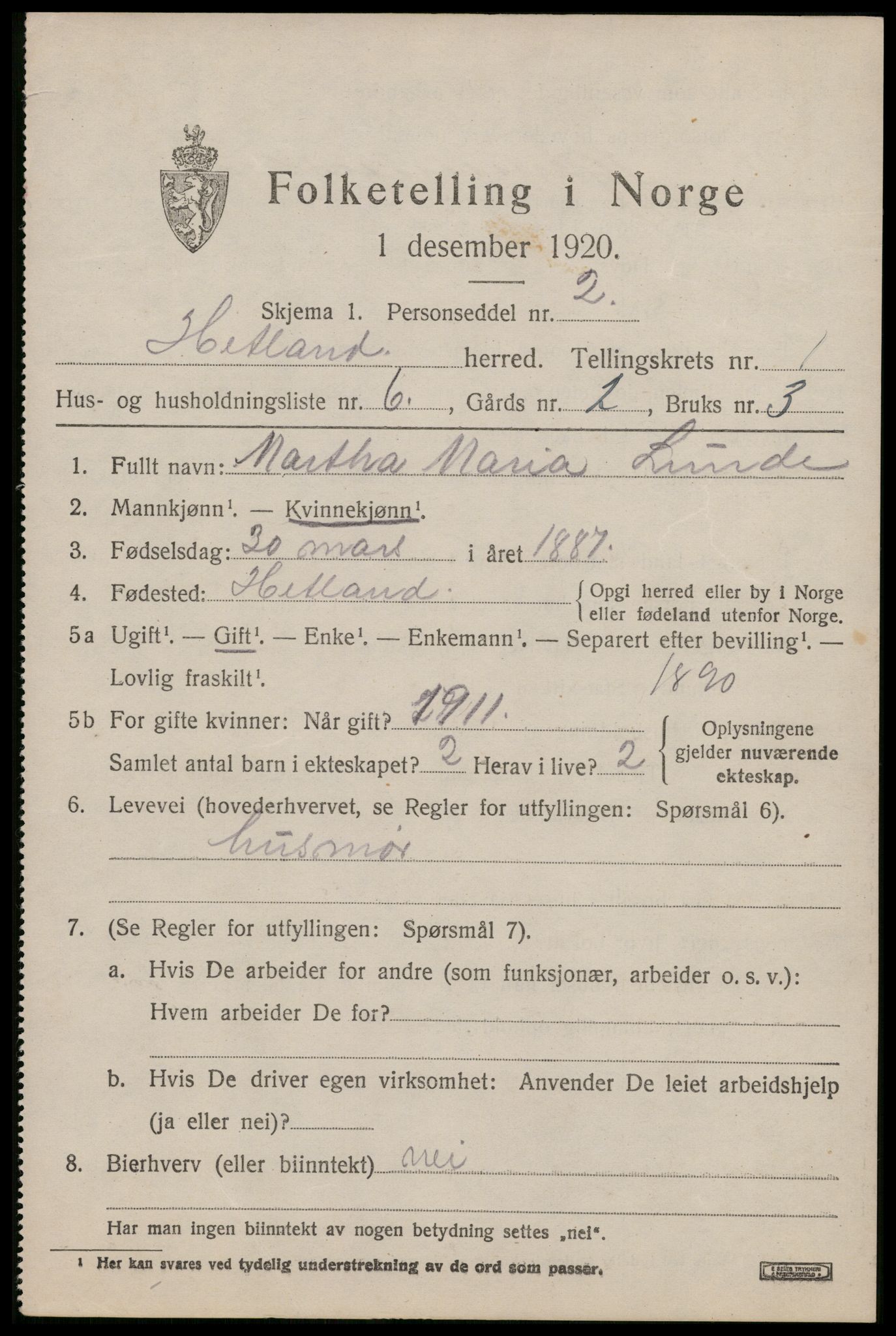 SAST, 1920 census for Hetland, 1920, p. 3619