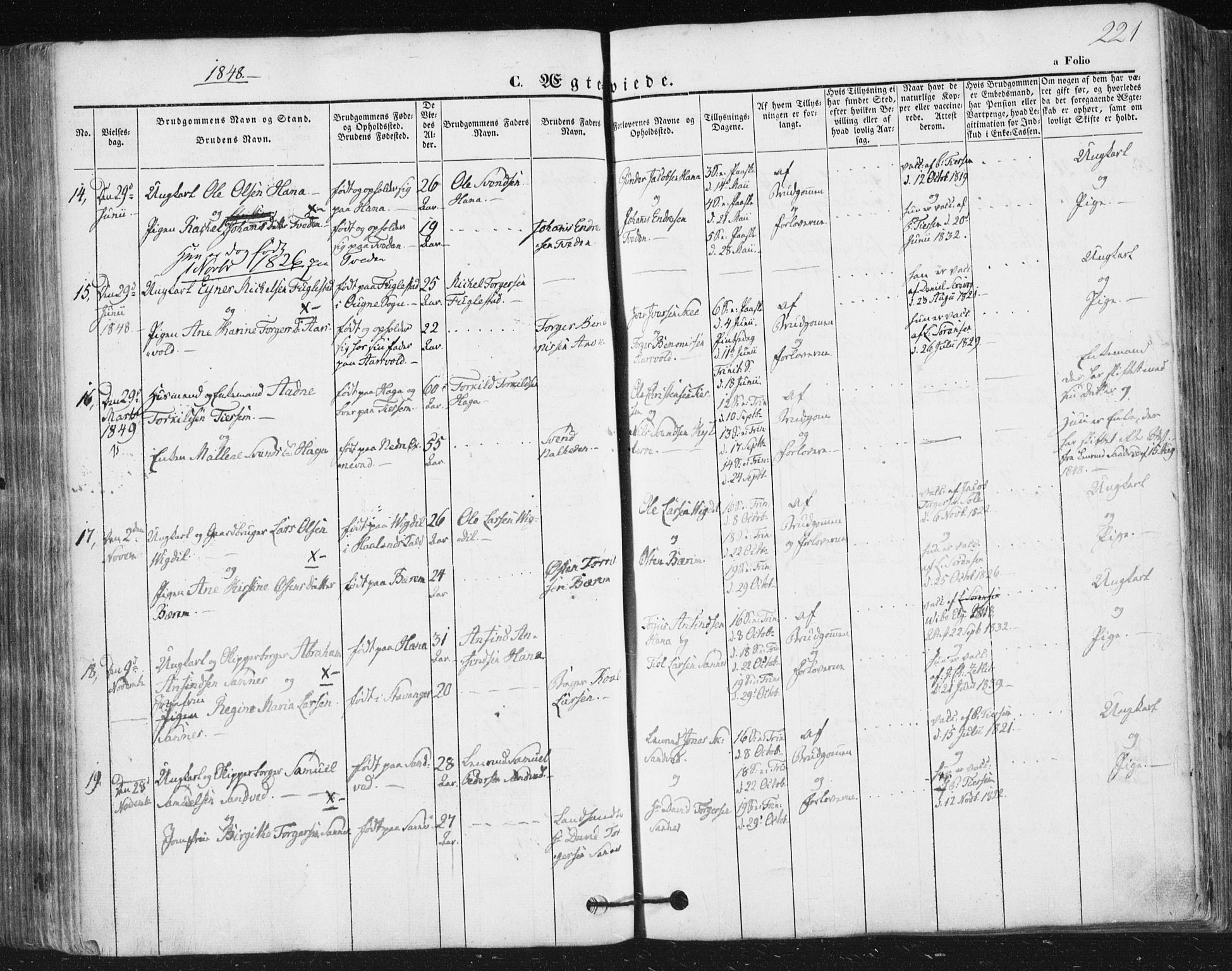 Høyland sokneprestkontor, SAST/A-101799/001/30BA/L0008: Parish register (official) no. A 8, 1841-1856, p. 221