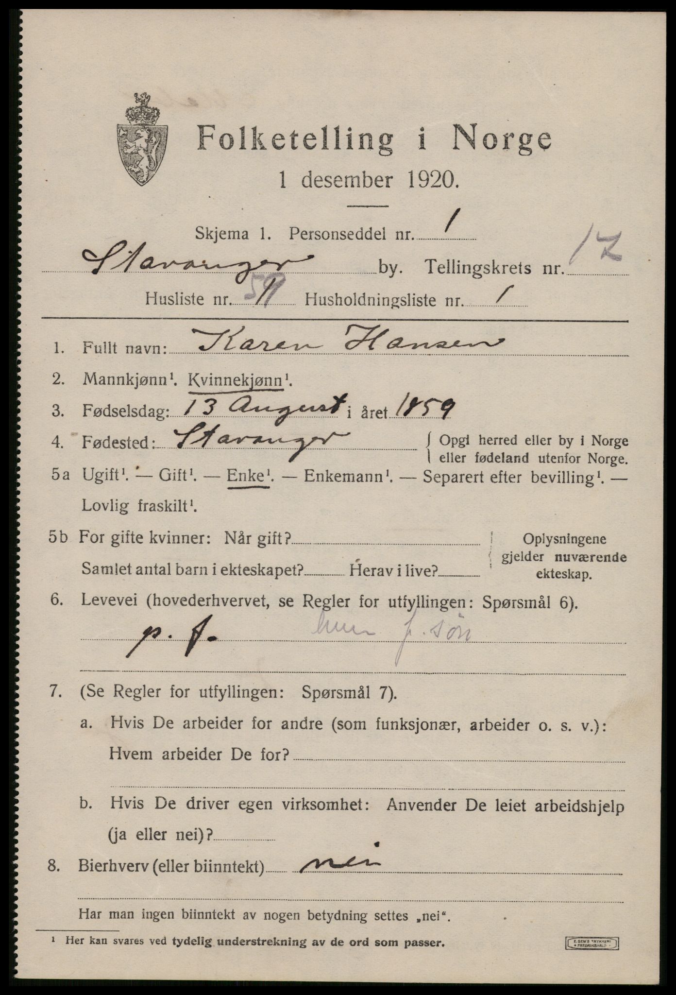 SAST, 1920 census for Stavanger, 1920, p. 66062