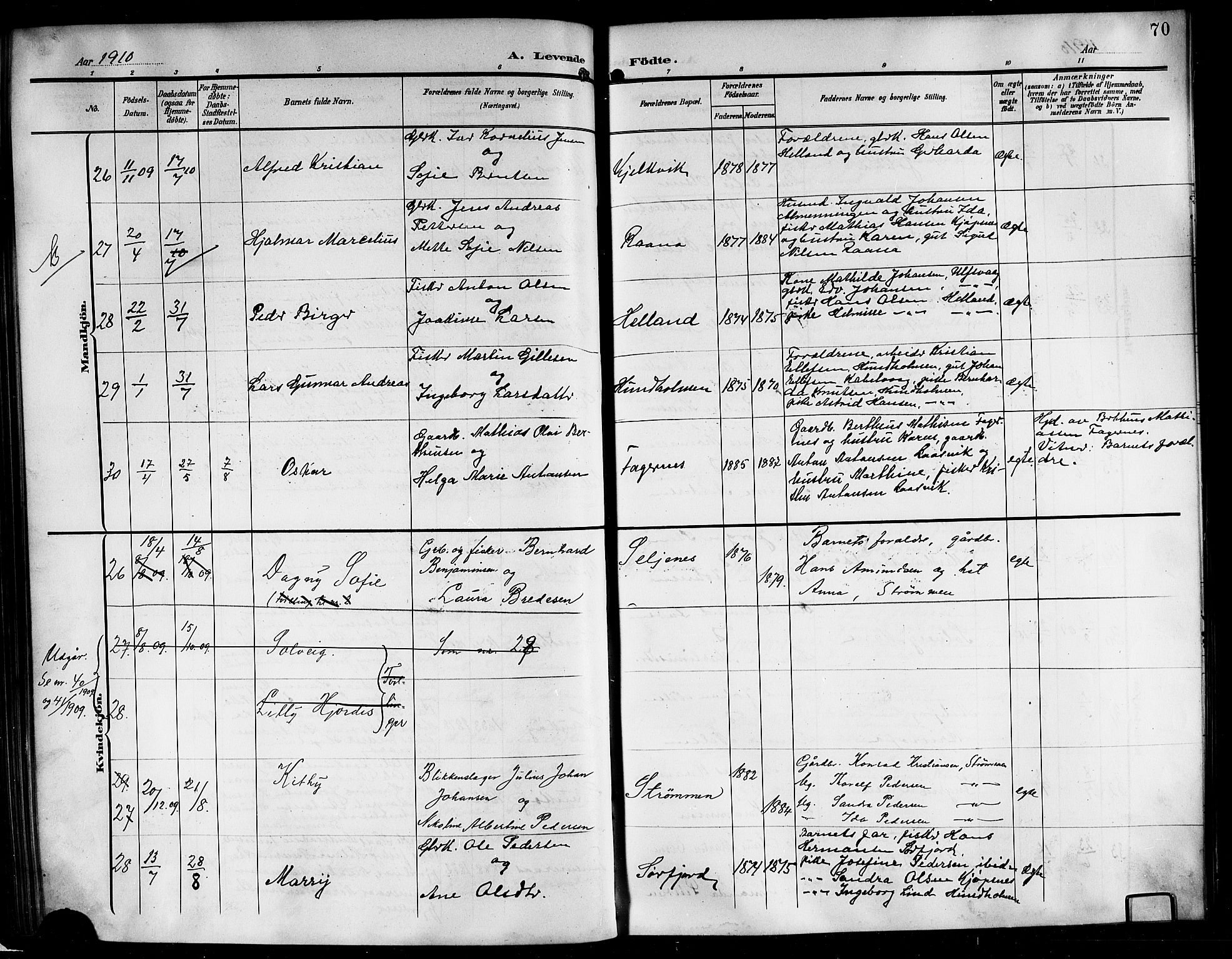 Ministerialprotokoller, klokkerbøker og fødselsregistre - Nordland, AV/SAT-A-1459/861/L0877: Parish register (copy) no. 861C03, 1903-1919, p. 70