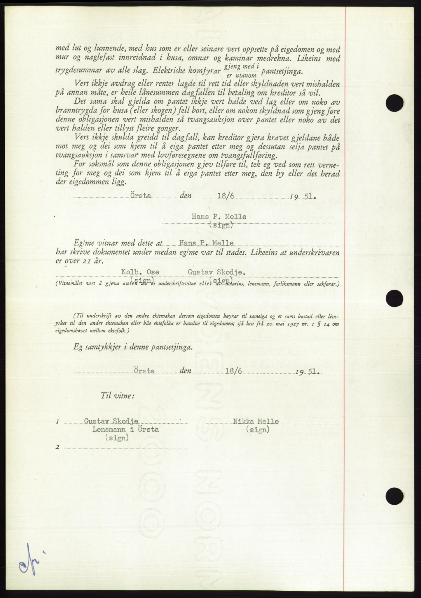 Søre Sunnmøre sorenskriveri, AV/SAT-A-4122/1/2/2C/L0120: Mortgage book no. 8B, 1951-1951, Diary no: : 1181/1951