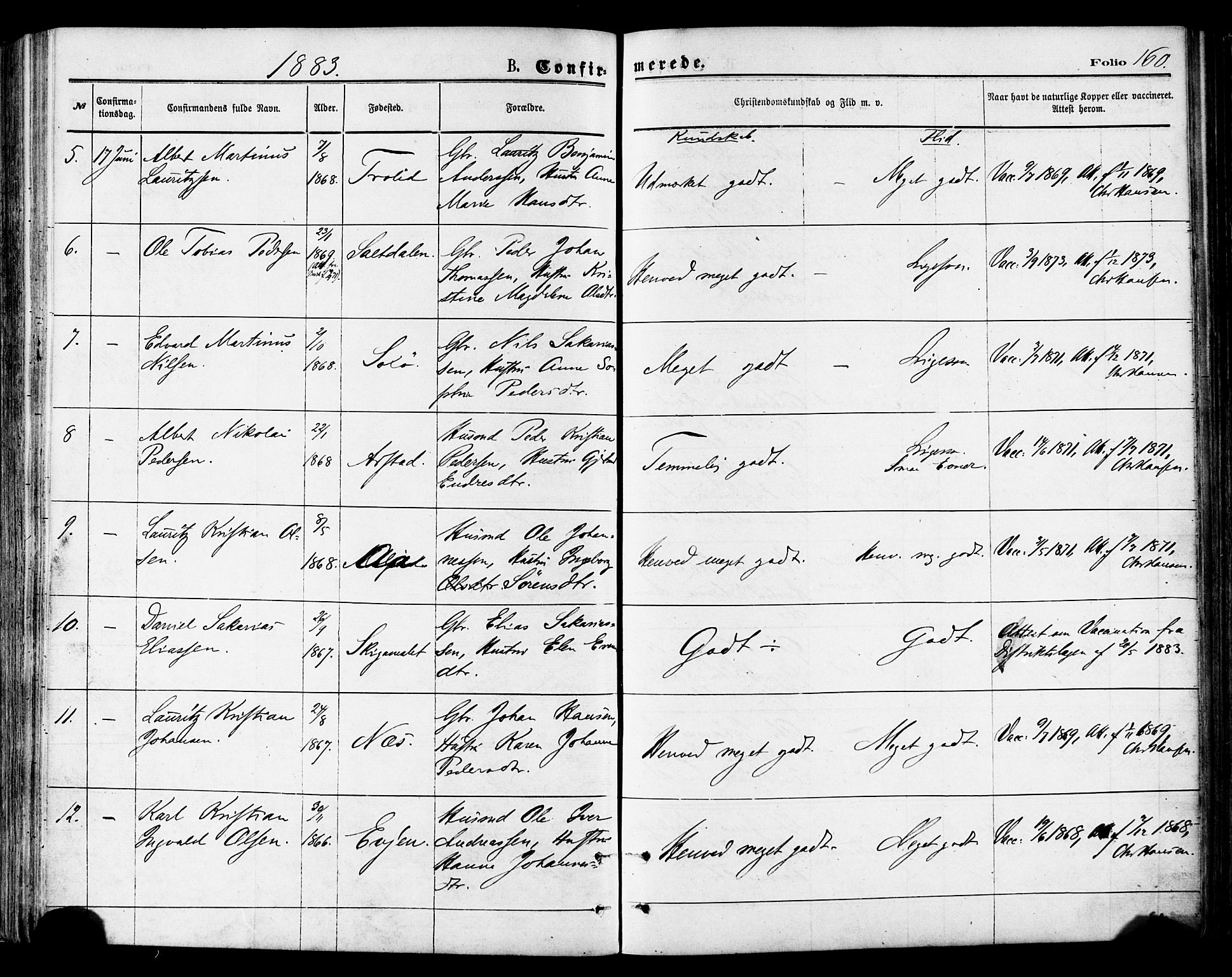 Ministerialprotokoller, klokkerbøker og fødselsregistre - Nordland, AV/SAT-A-1459/846/L0645: Parish register (official) no. 846A03, 1872-1886, p. 160