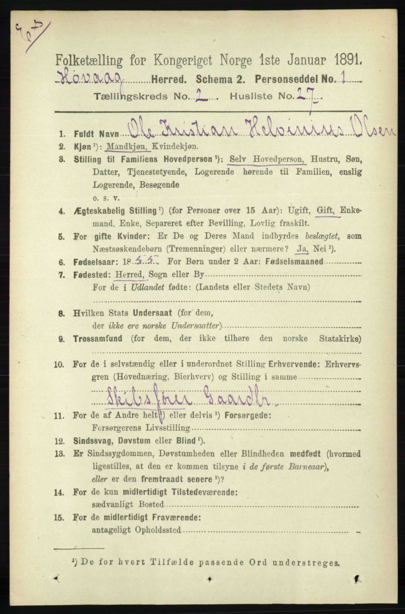 RA, Census 1891 for Nedenes amt: Gjenparter av personsedler for beslektede ektefeller, menn, 1891, p. 833