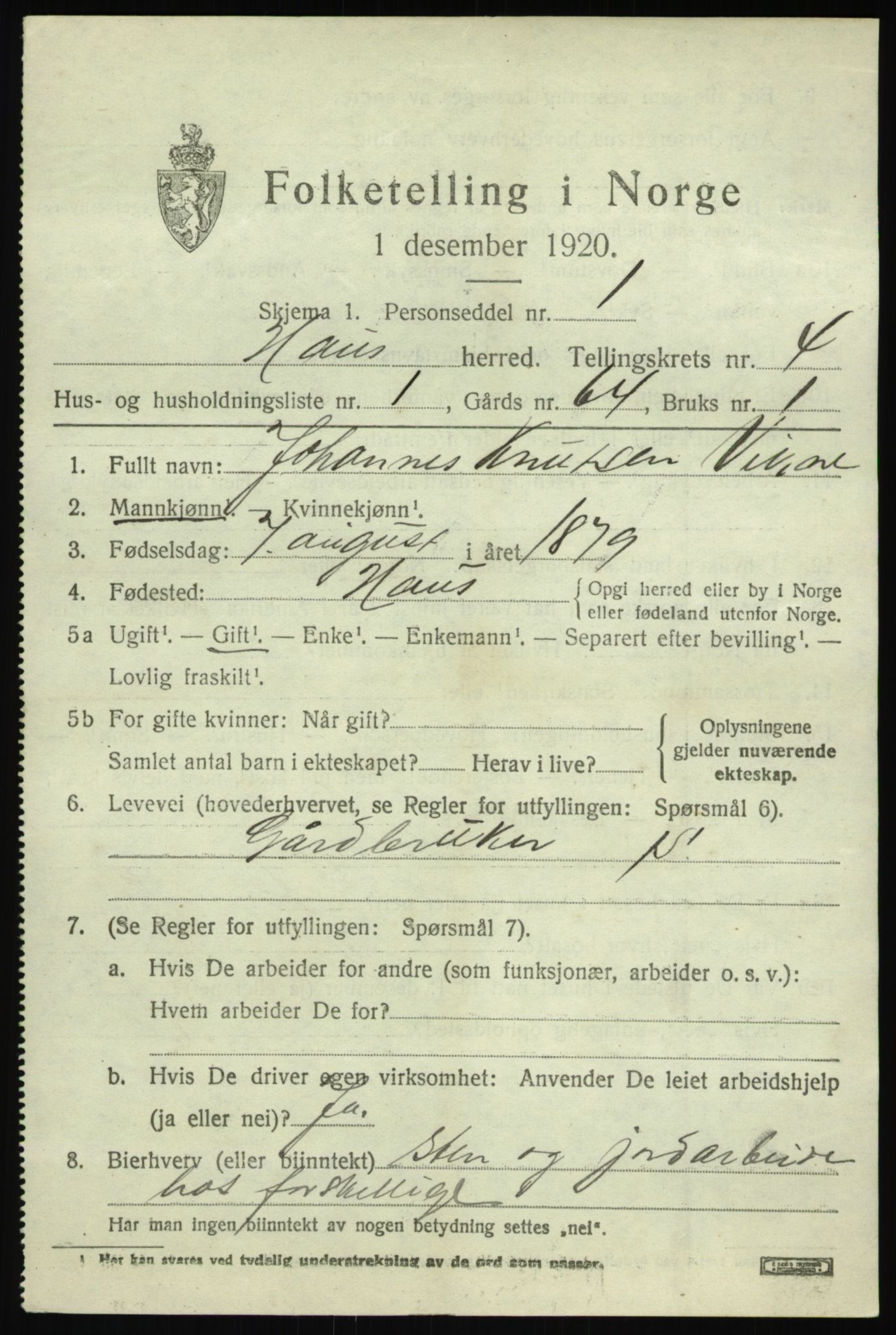 SAB, 1920 census for Haus, 1920, p. 2871
