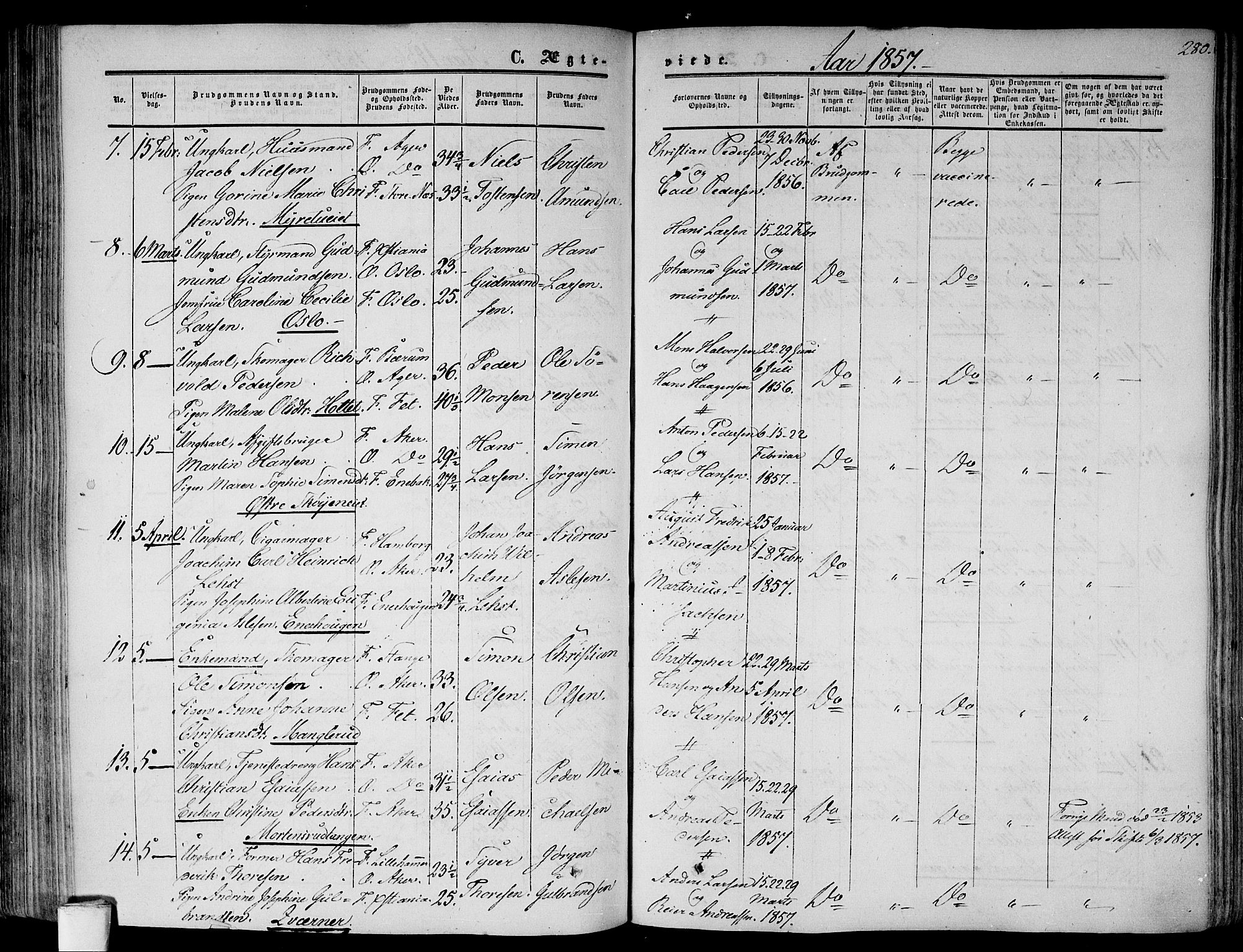 Gamlebyen prestekontor Kirkebøker, SAO/A-10884/F/Fa/L0004: Parish register (official) no. 4, 1850-1857, p. 280