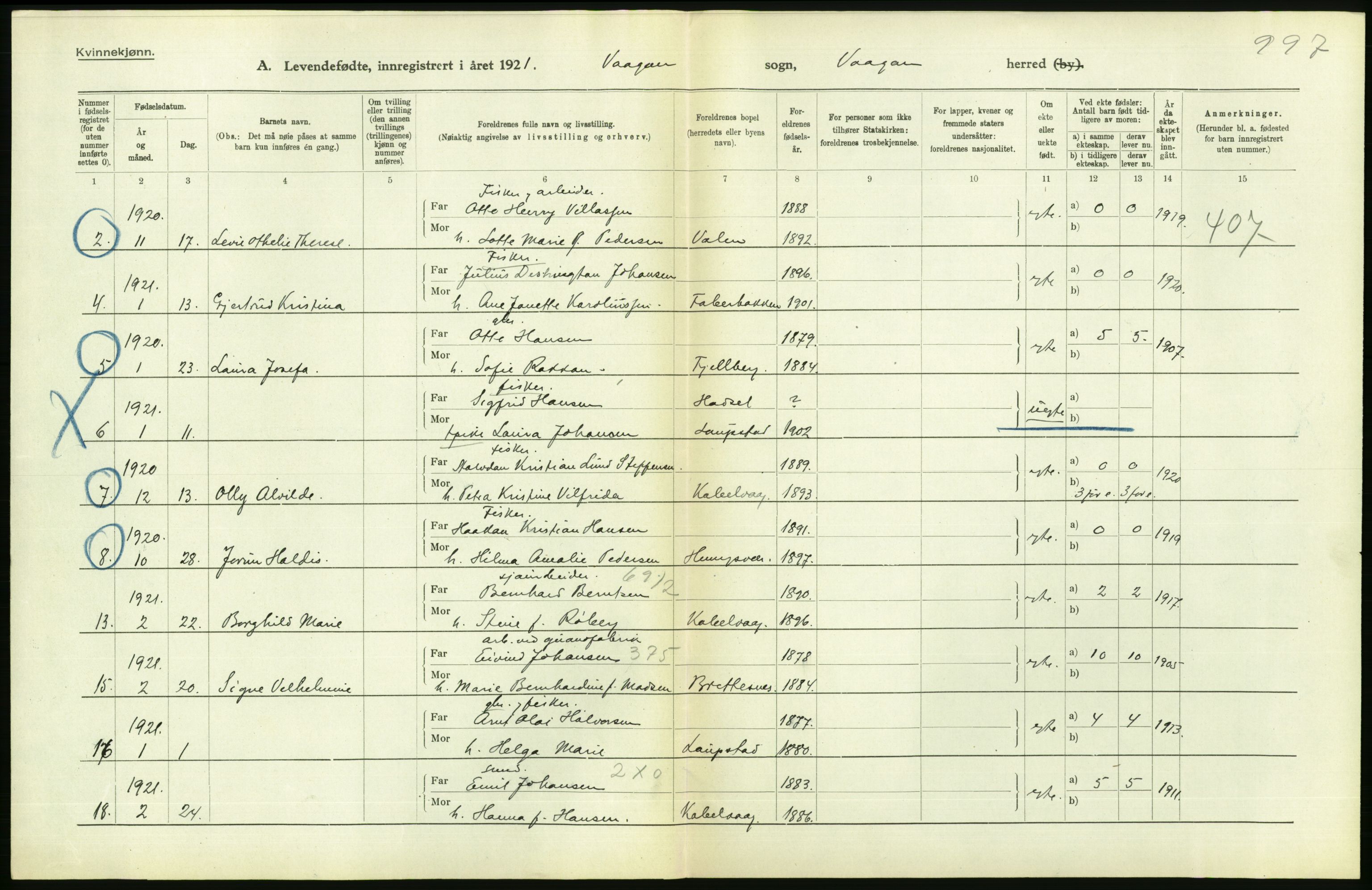 Statistisk sentralbyrå, Sosiodemografiske emner, Befolkning, AV/RA-S-2228/D/Df/Dfc/Dfca/L0049: Nordland fylke: Levendefødte menn og kvinner. Bygder., 1921, p. 314