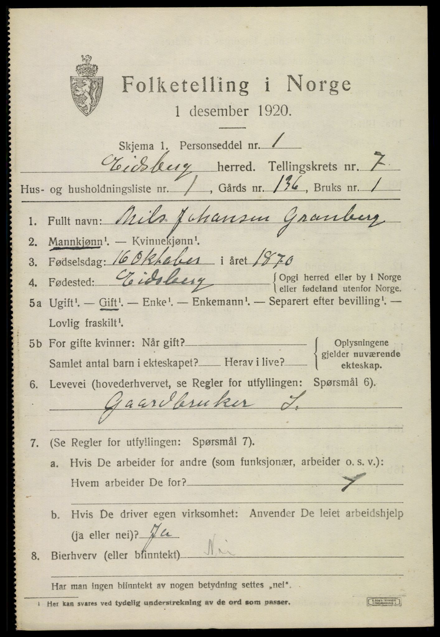 SAO, 1920 census for Eidsberg, 1920, p. 8513