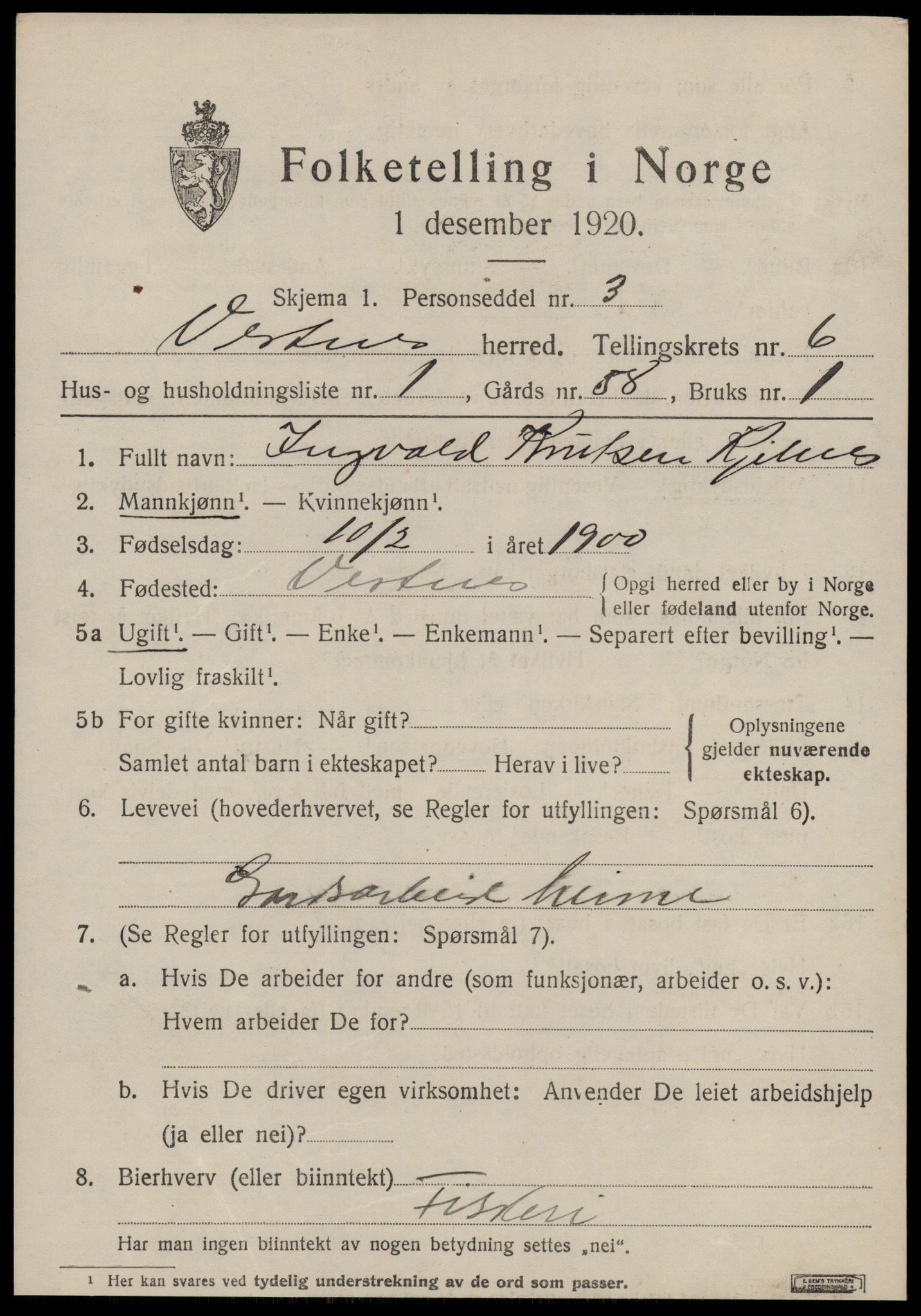 SAT, 1920 census for Vestnes, 1920, p. 4317