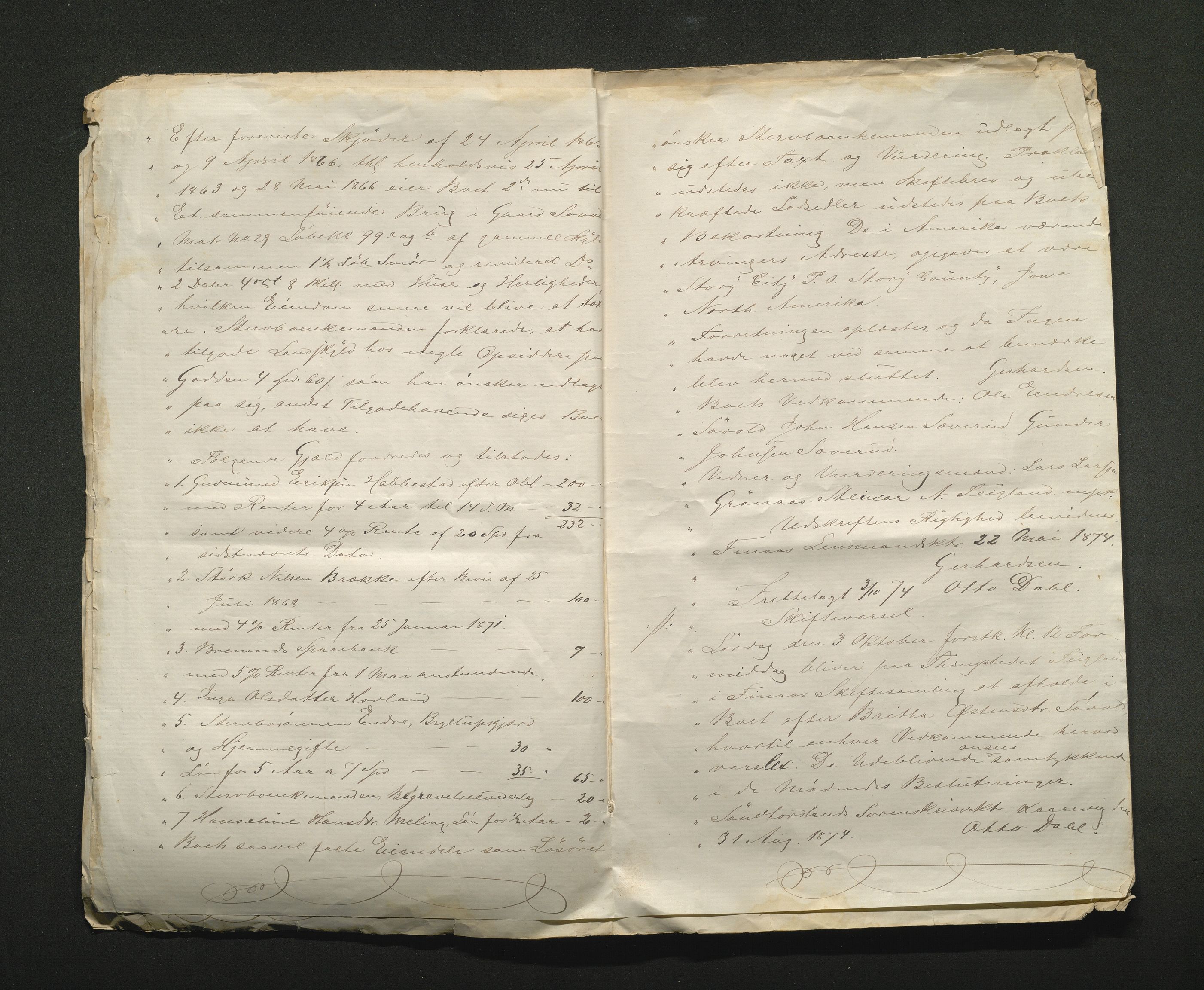 Privatarkivsamling fra gårder i Bømlo, IKAH/1219-Pa0018/Q/Qa/L0002/0007: Skifter og skiftebrev / Skifte etter Britha Østensdatter Søvold, 1874