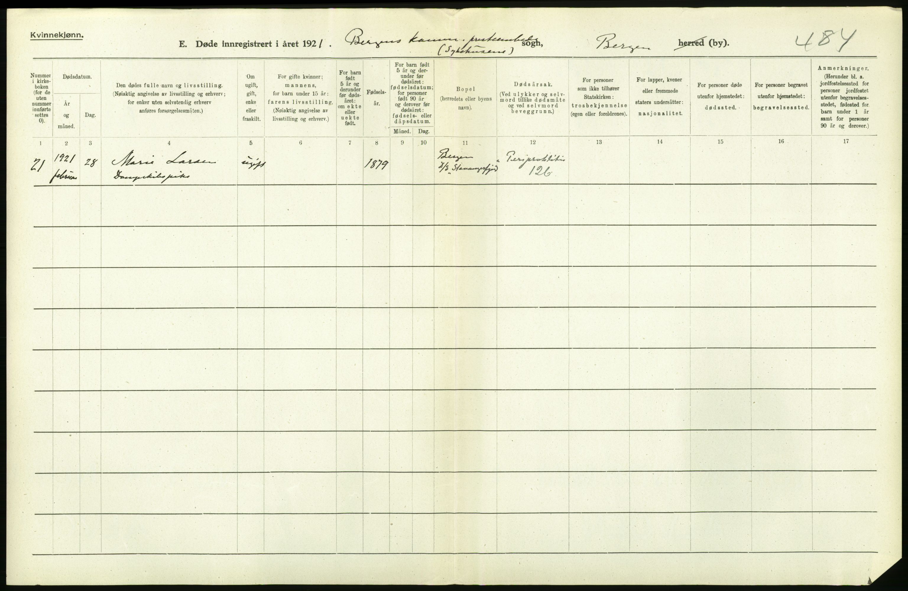 Statistisk sentralbyrå, Sosiodemografiske emner, Befolkning, AV/RA-S-2228/D/Df/Dfc/Dfca/L0036: Bergen: Døde., 1921, p. 368