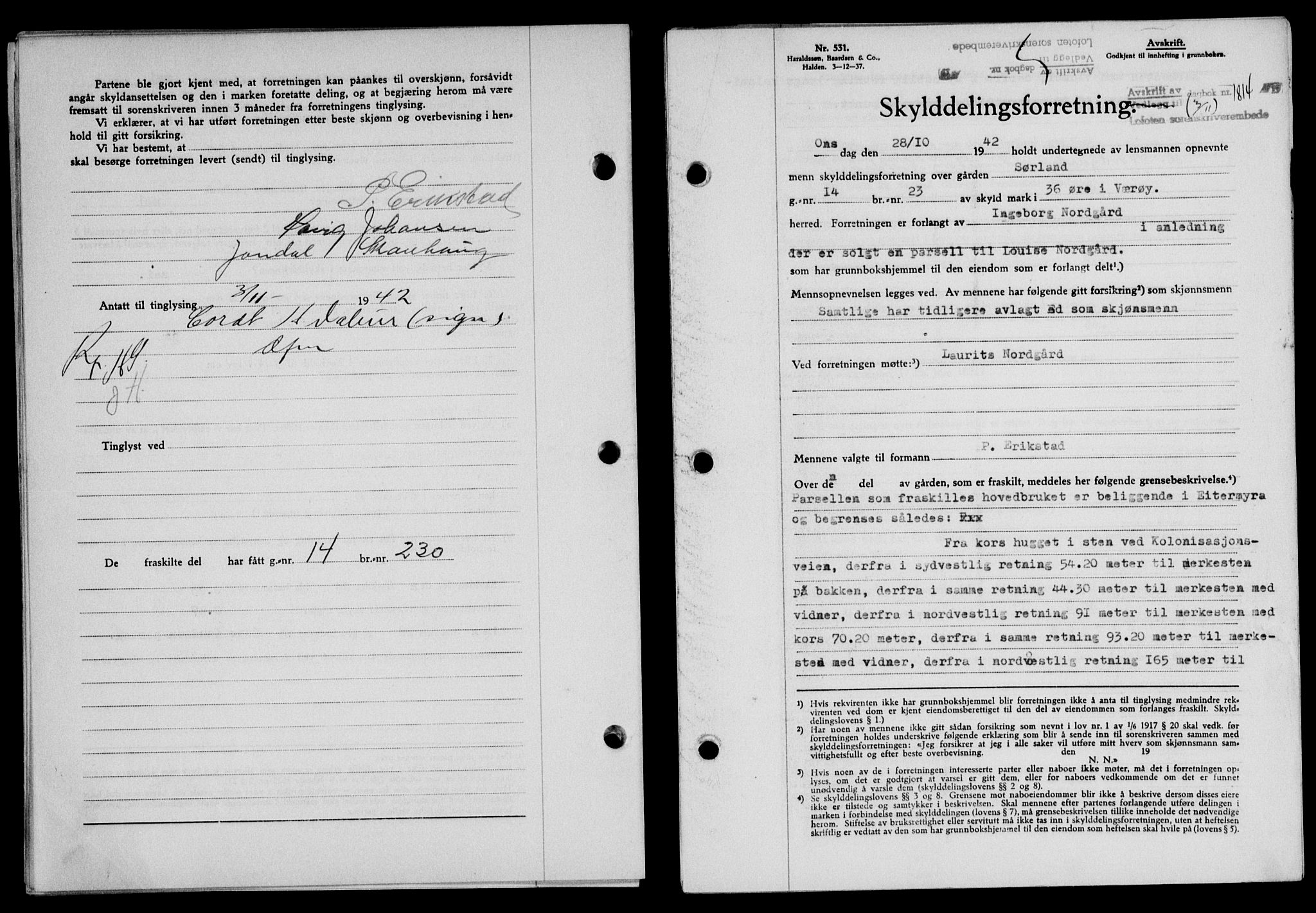 Lofoten sorenskriveri, SAT/A-0017/1/2/2C/L0010a: Mortgage book no. 10a, 1942-1943, Diary no: : 1814/1942