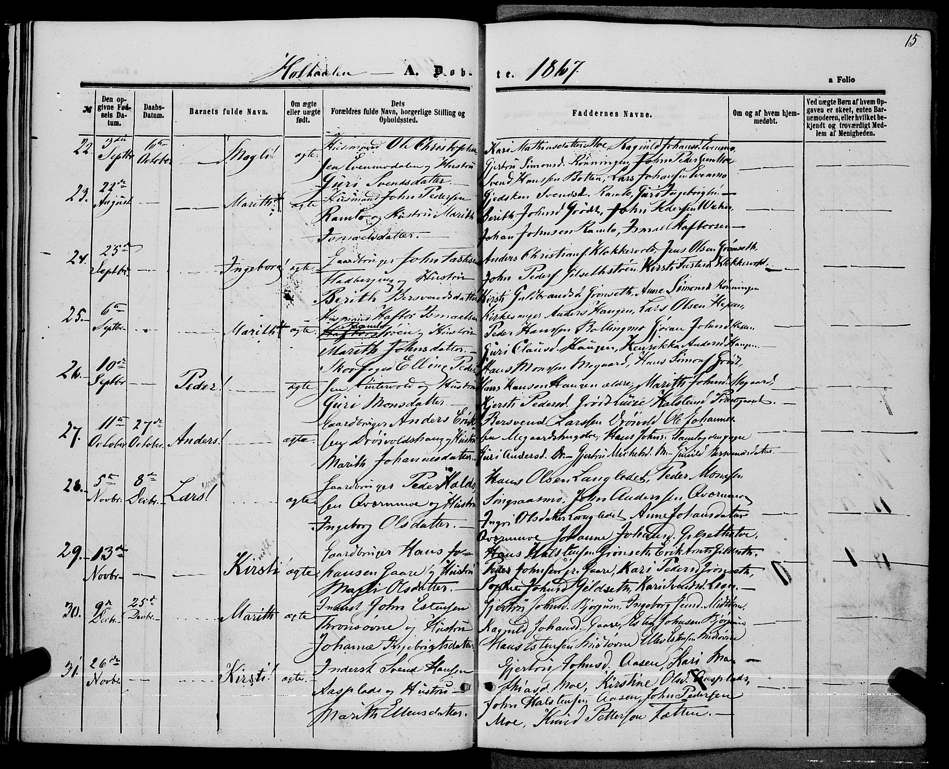 Ministerialprotokoller, klokkerbøker og fødselsregistre - Sør-Trøndelag, SAT/A-1456/685/L0966: Parish register (official) no. 685A07 /1, 1860-1869, p. 15
