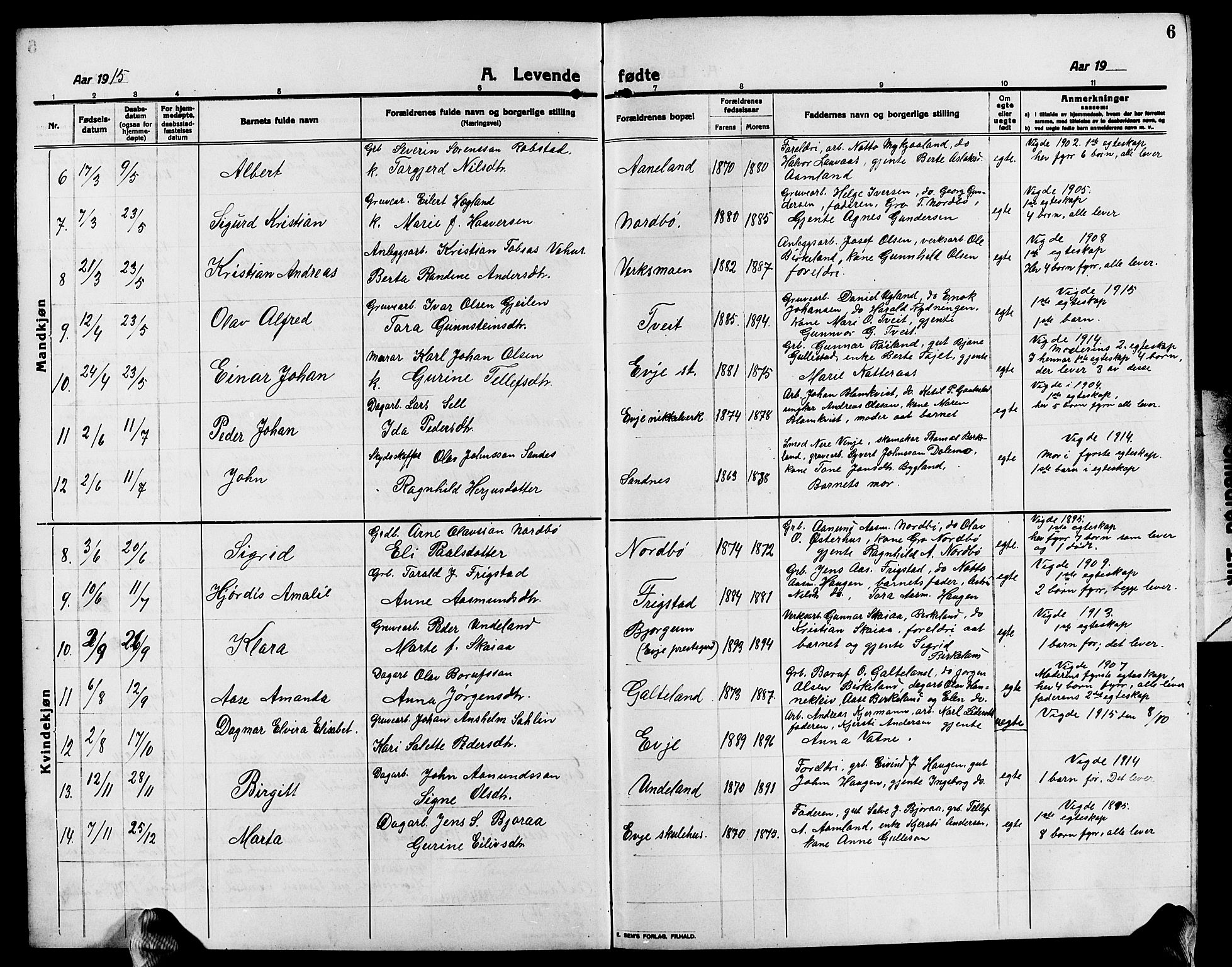 Evje sokneprestkontor, AV/SAK-1111-0008/F/Fb/Fba/L0005: Parish register (copy) no. B 5, 1914-1926, p. 6