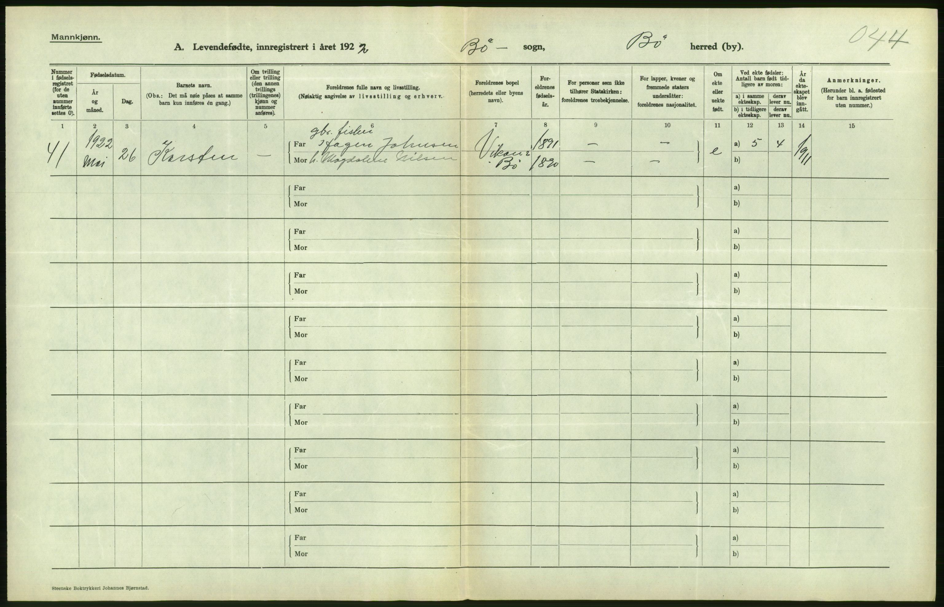 Statistisk sentralbyrå, Sosiodemografiske emner, Befolkning, AV/RA-S-2228/D/Df/Dfc/Dfcb/L0044: Nordland fylke: Levendefødte menn og kvinner. Bygder og byer., 1922, p. 396