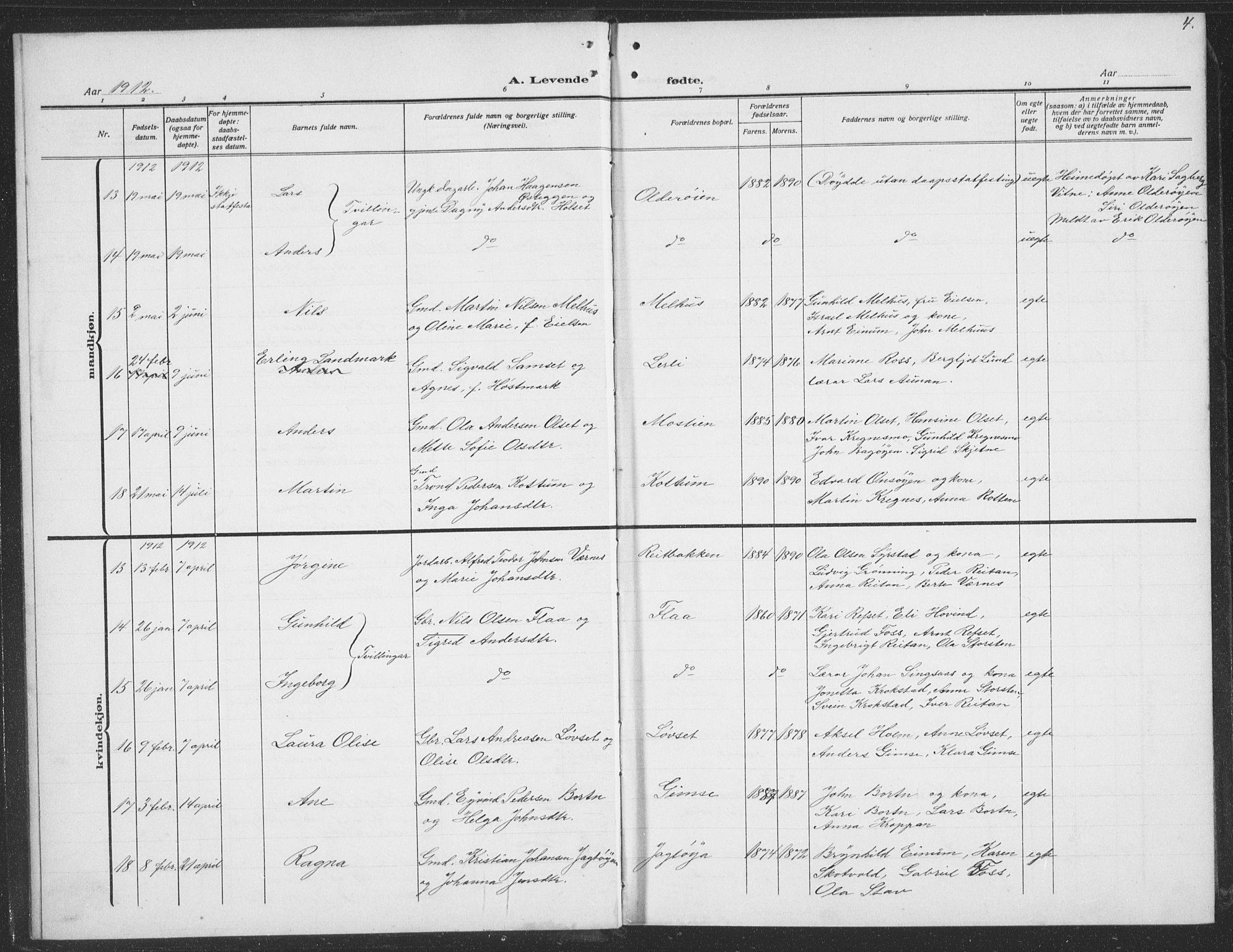 Ministerialprotokoller, klokkerbøker og fødselsregistre - Sør-Trøndelag, AV/SAT-A-1456/691/L1095: Parish register (copy) no. 691C06, 1912-1933, p. 4