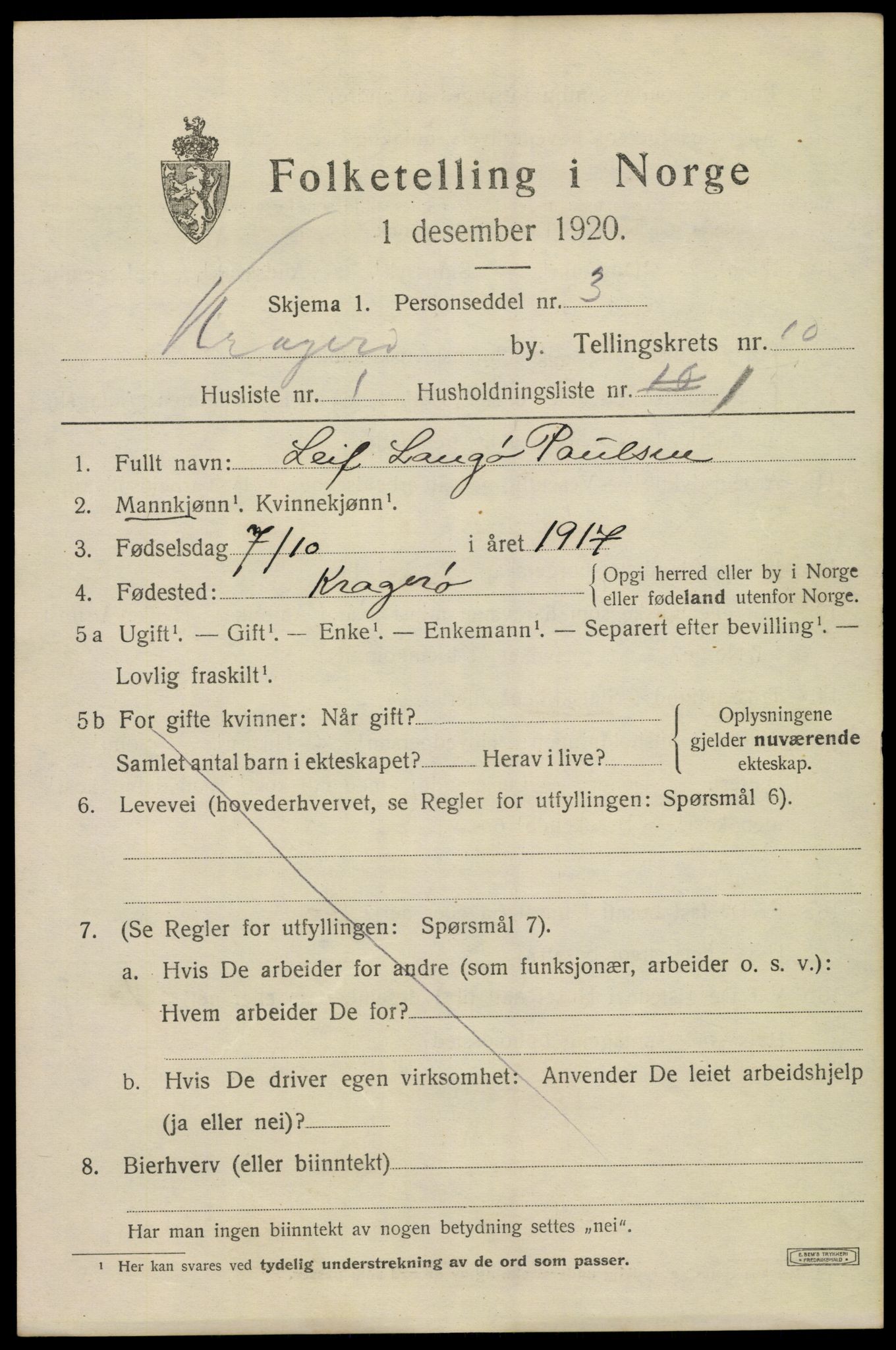 SAKO, 1920 census for Kragerø, 1920, p. 13025